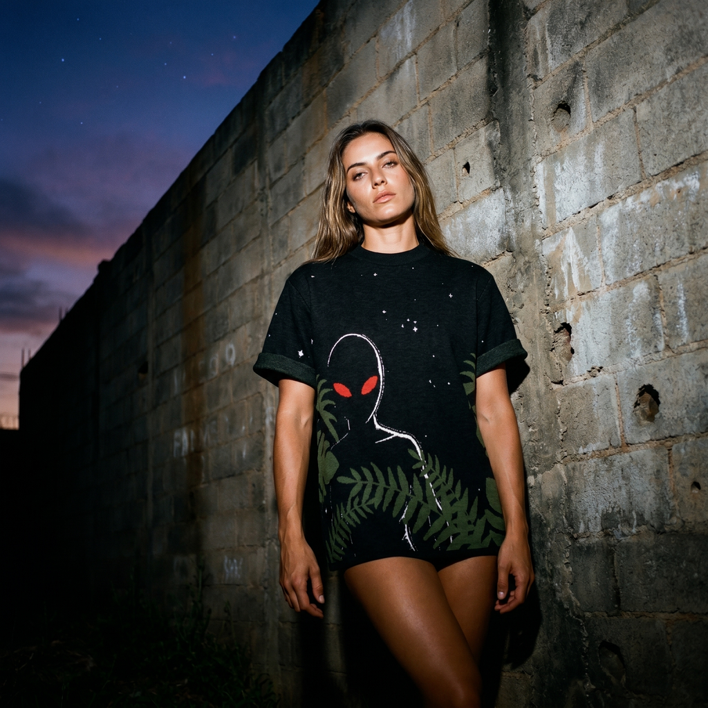 Varginha Alien Jacquard Knit T-Shirt | Retro Sci-Fi Heavyweight Knitted Streetwear | 1996 Brazil UFO Mystery