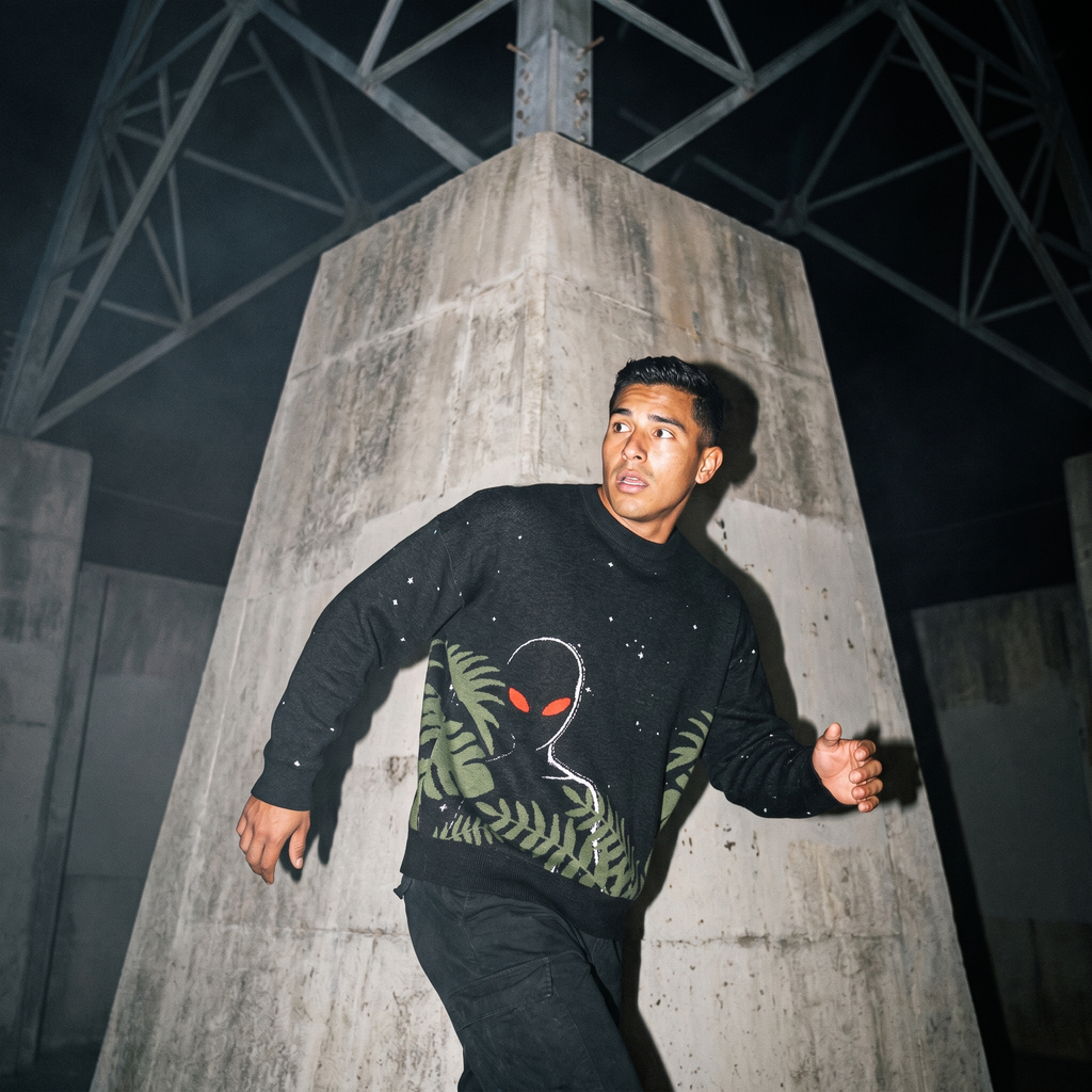 Varginha Alien Relaxed Fit Jacquard Knit Sweater | Retro Sci-Fi Heavyweight Knitted Streetwear | 1996 Brazil UFO Mystery