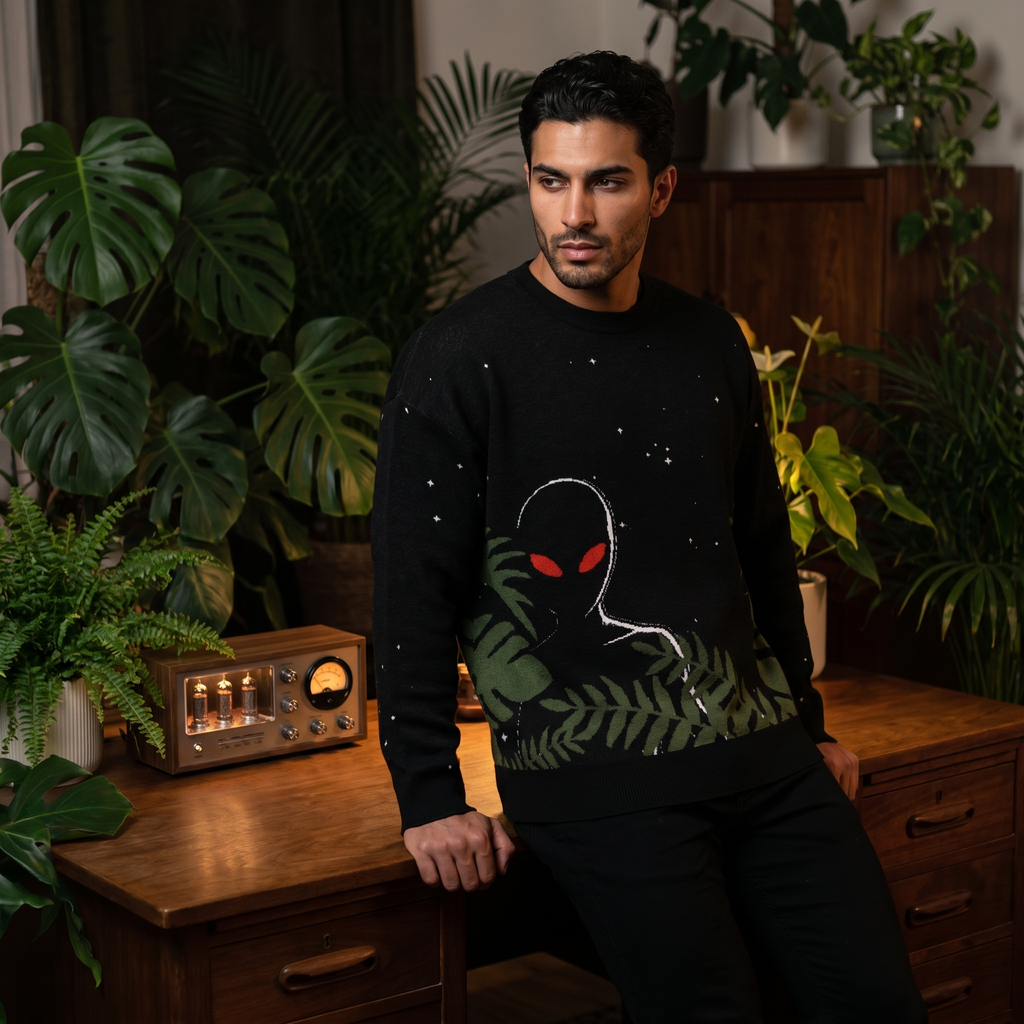 Varginha Alien Relaxed Fit Jacquard Knit Sweater | Retro Sci-Fi Heavyweight Knitted Streetwear | 1996 Brazil UFO Mystery
