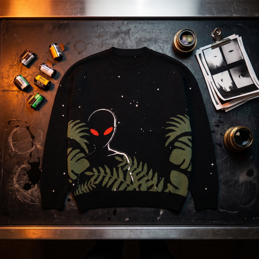 Varginha Alien Relaxed Fit Jacquard Knit Sweater | Retro Sci-Fi Heavyweight Knitted Streetwear | 1996 Brazil UFO Mystery