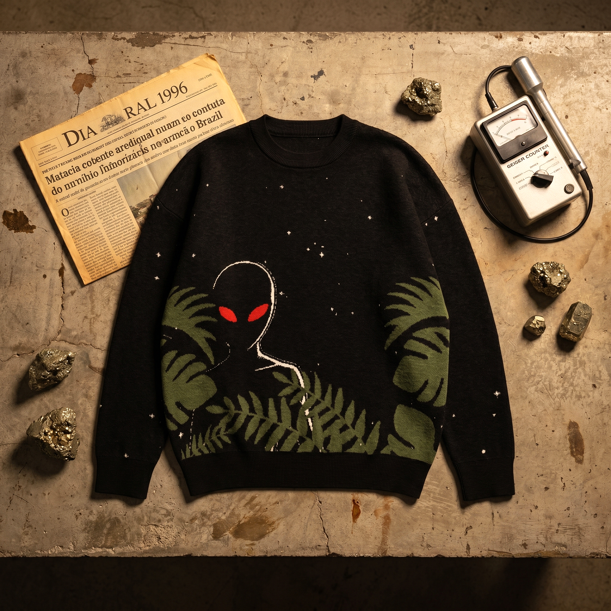 Varginha Alien Relaxed Fit Jacquard Knit Sweater | Retro Sci-Fi Heavyweight Knitted Streetwear | 1996 Brazil UFO Mystery