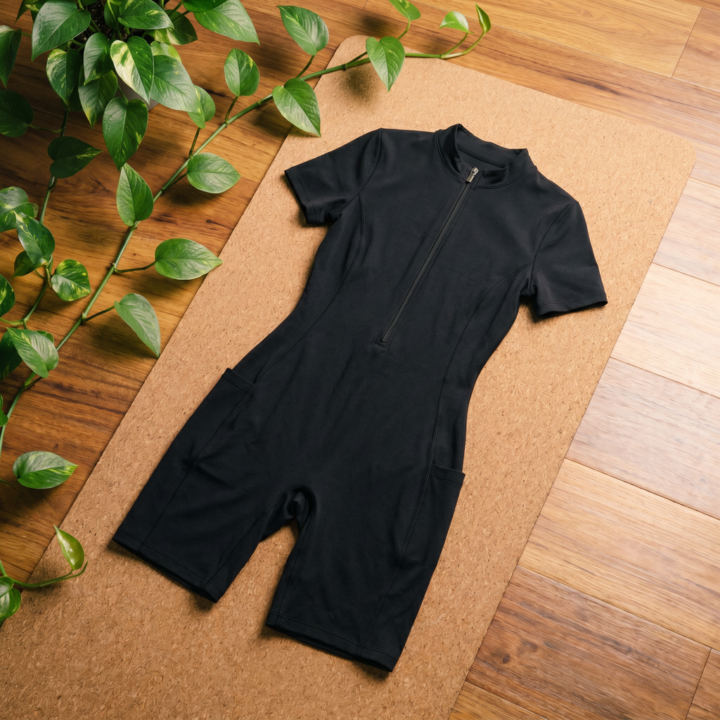 Orbital Archive Quarter Zip Romper - Biker Short Unitard, Short Sleeve Activewear Jumpsuit, Spandex Bodysuit with Pockets, Workout Bodycon