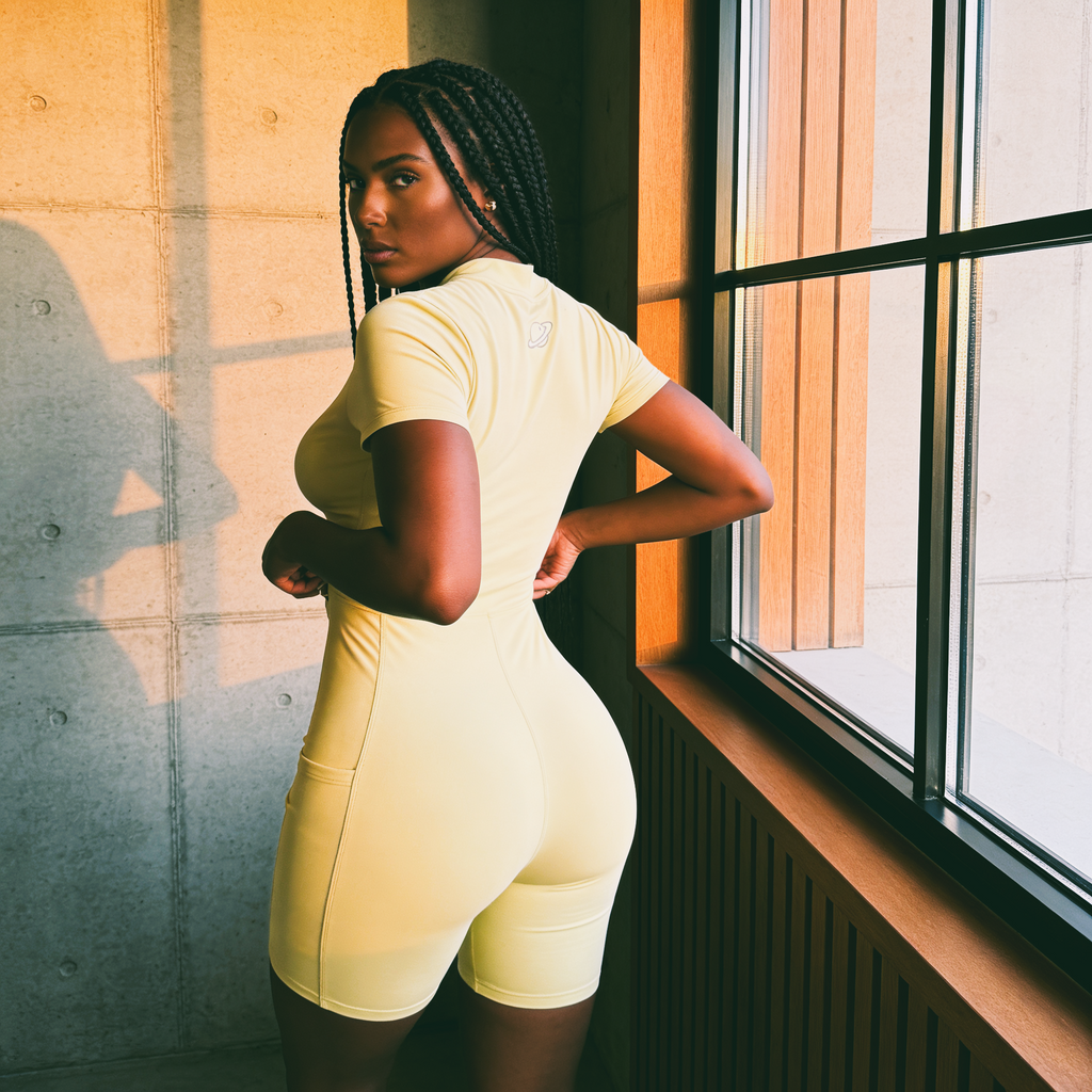 Orbital Archive Quarter Zip Romper - Biker Short Unitard, Short Sleeve Activewear Jumpsuit, Spandex Bodysuit with Pockets, Workout Bodycon