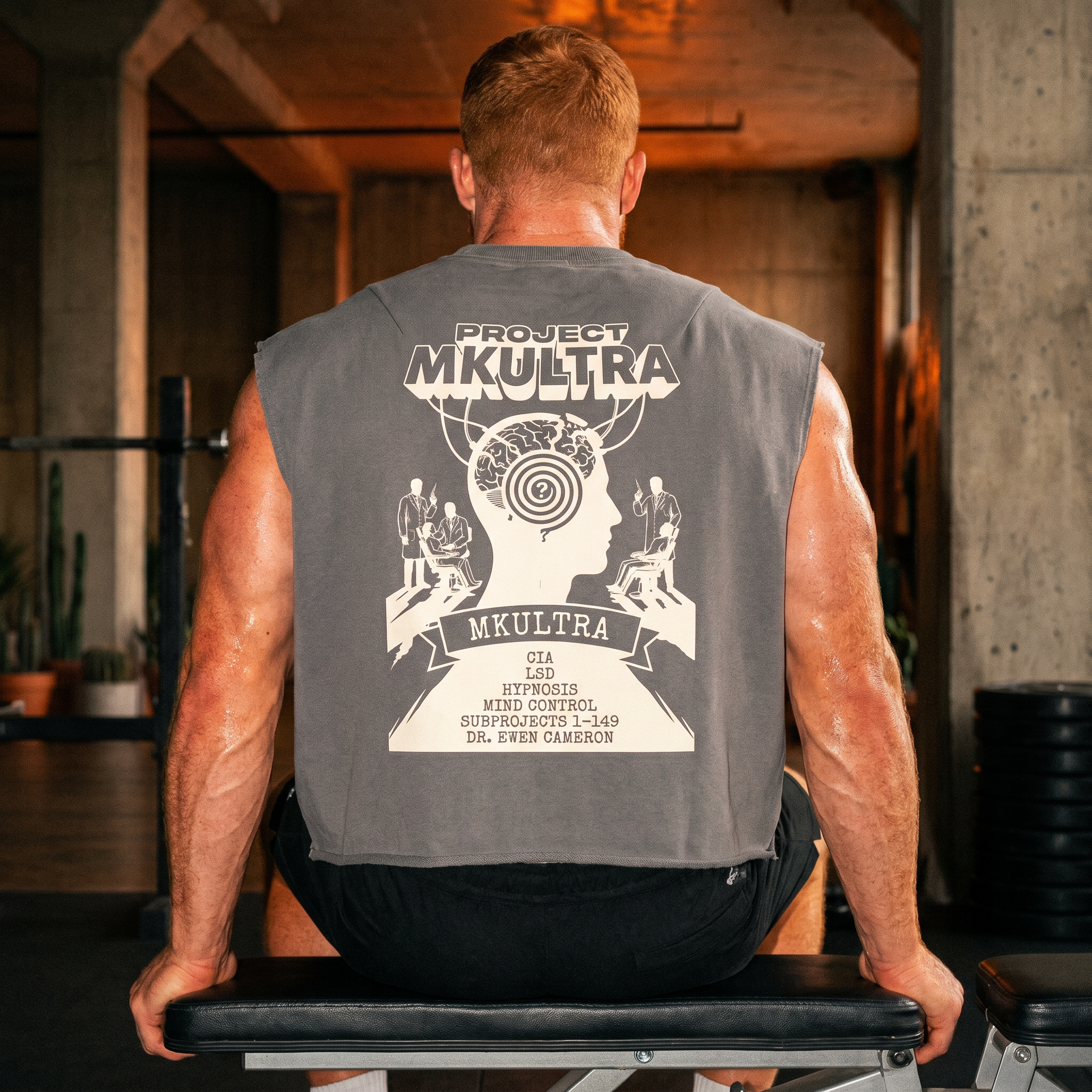 MKUltra CIA Conspiracy Tank Top | Raw Edge French Terry Boxy Muscle Tee, Sci-fi Streetwear