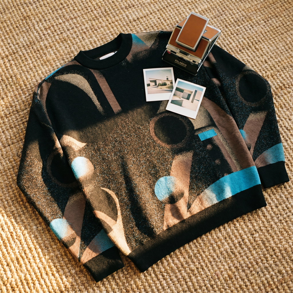 Minoan Abstract Retro-Futurist Jacquard Sweater — Deep Space Obscura Relaxed Fit Knit Pullover