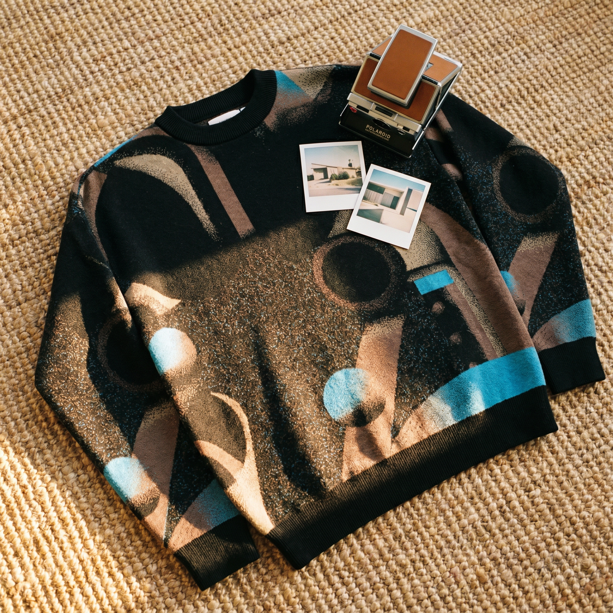 Minoan Abstract Retro-Futurist Jacquard Sweater — Deep Space Obscura Relaxed Fit Knit Pullover