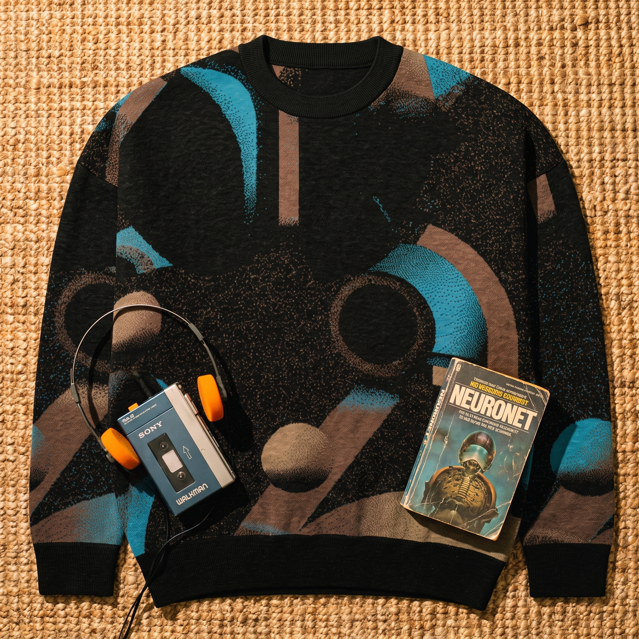 Minoan Abstract Retro-Futurist Jacquard Sweater — Deep Space Obscura Relaxed Fit Knit Pullover
