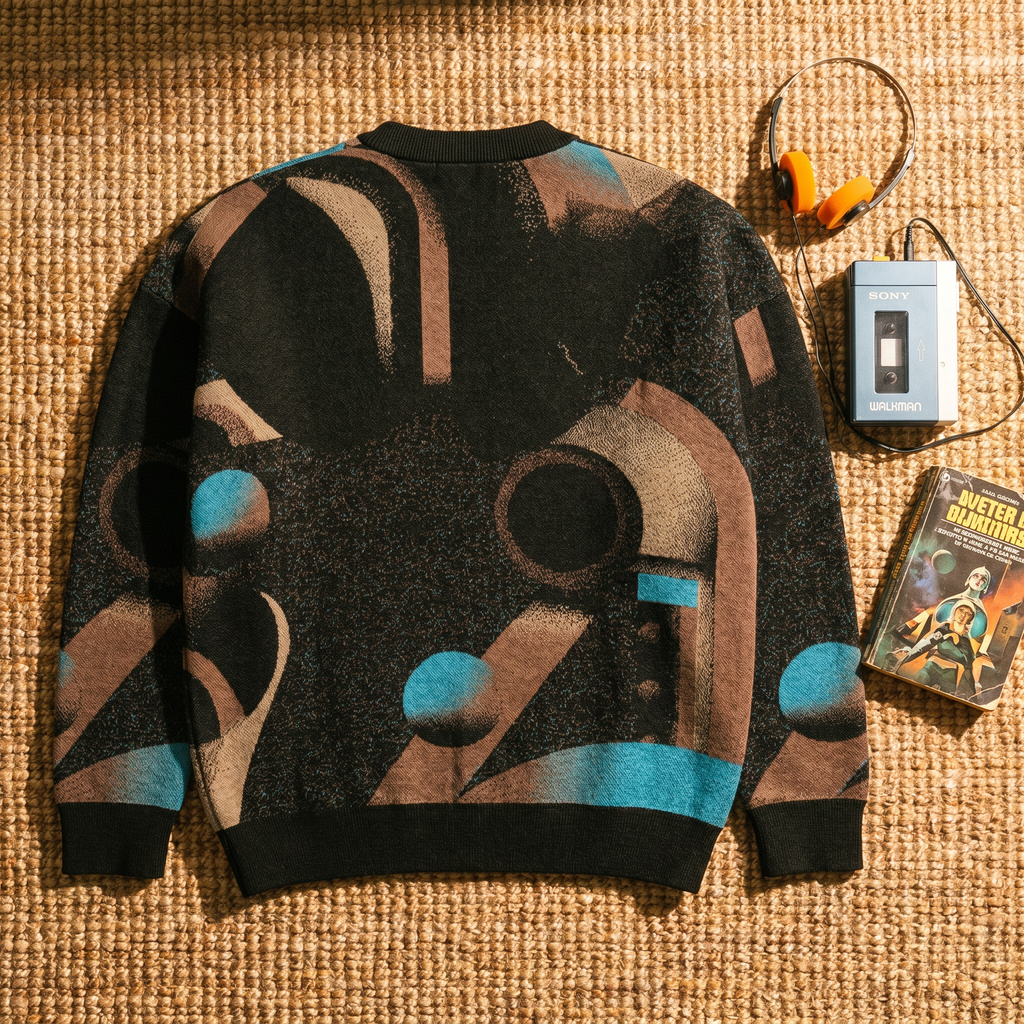 Minoan Abstract Retro-Futurist Jacquard Sweater — Deep Space Obscura Relaxed Fit Knit Pullover
