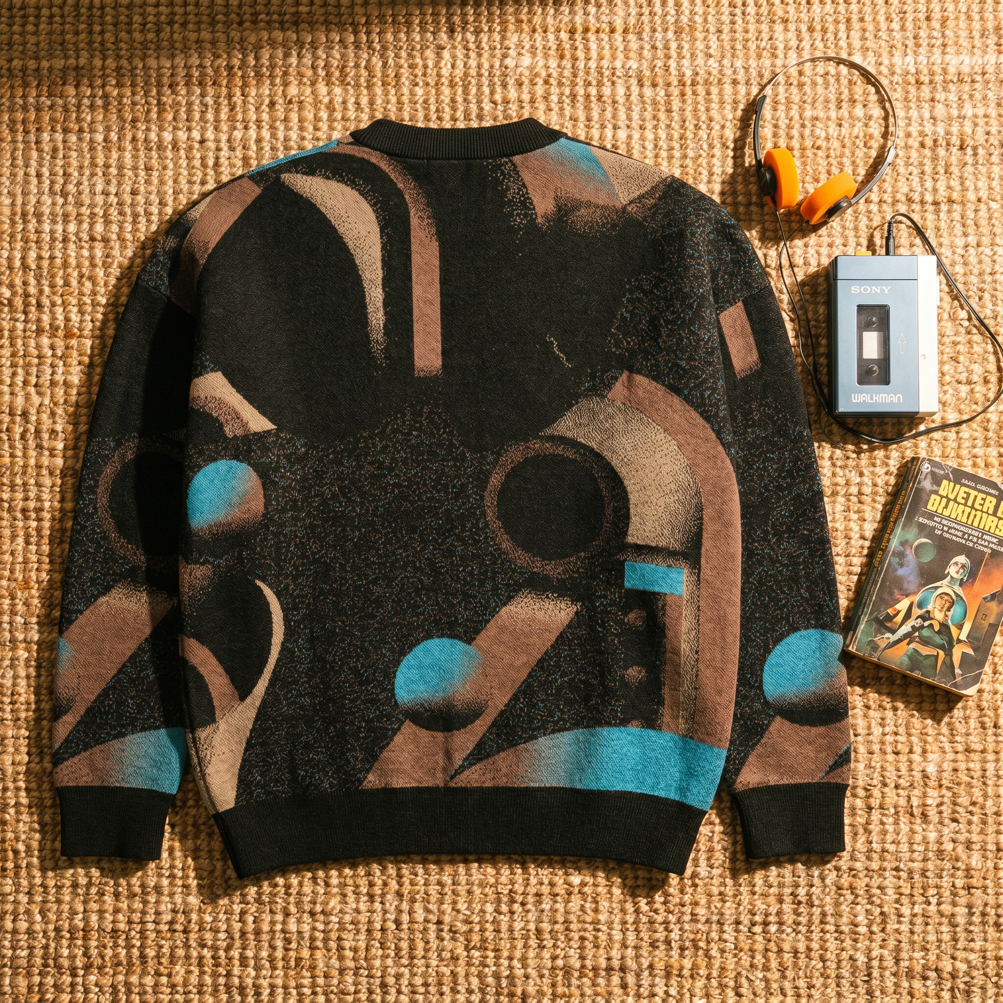 Minoan Abstract Retro-Futurist Jacquard Sweater — Deep Space Obscura Relaxed Fit Knit Pullover