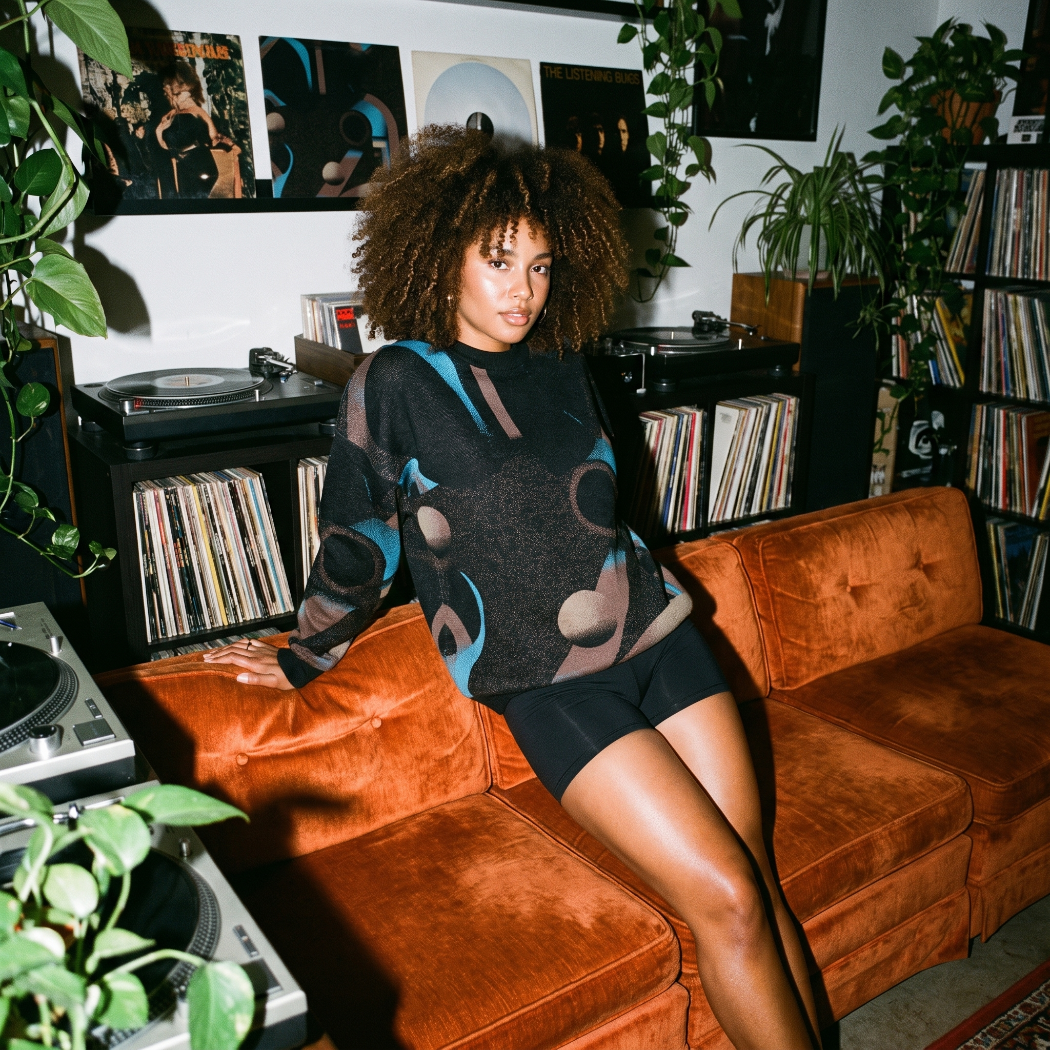 Minoan Abstract Retro-Futurist Jacquard Sweater — Deep Space Obscura Relaxed Fit Knit Pullover
