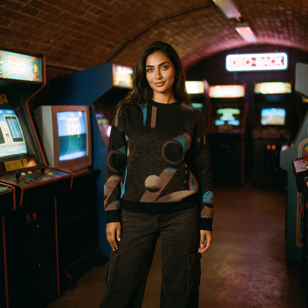 Minoan Abstract Retro-Futurist Jacquard Sweater — Deep Space Obscura Relaxed Fit Knit Pullover
