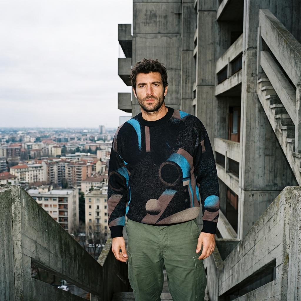 Minoan Abstract Retro-Futurist Jacquard Sweater — Deep Space Obscura Relaxed Fit Knit Pullover