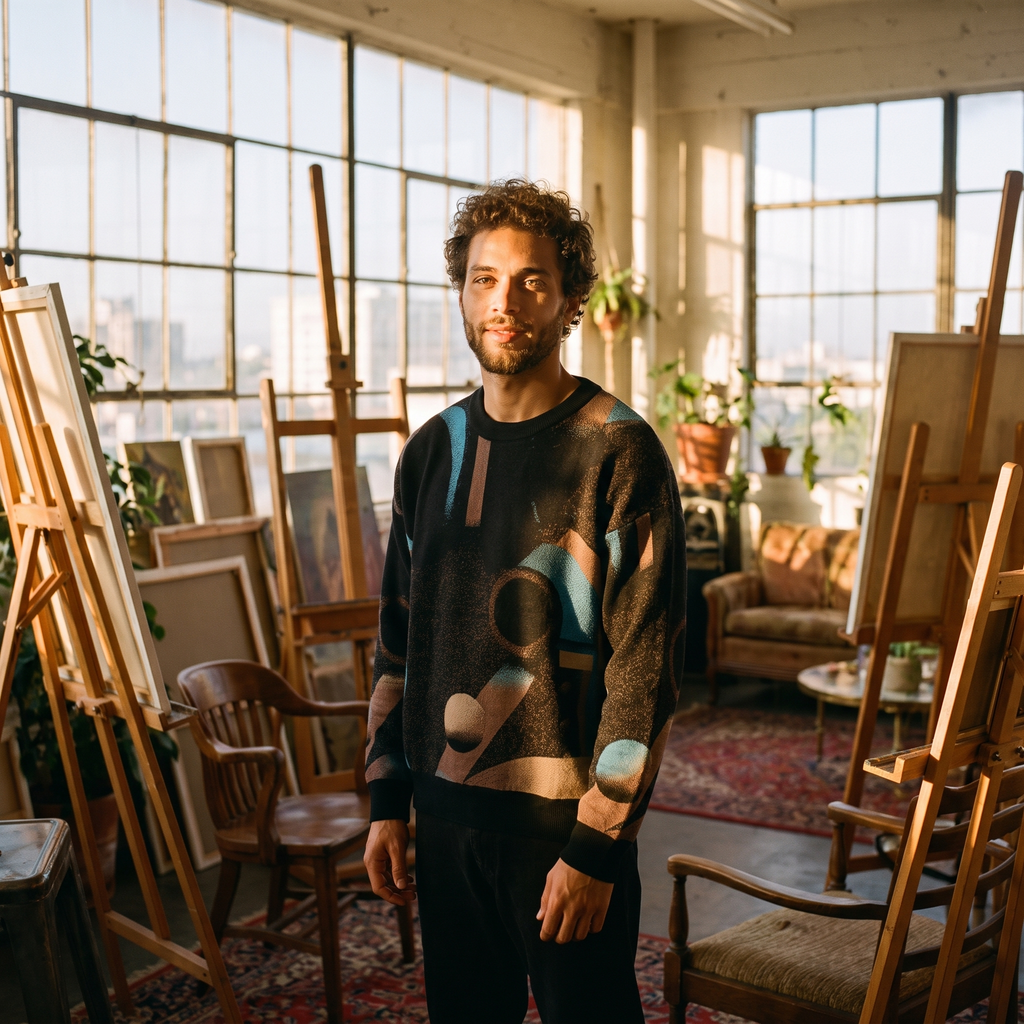 Minoan Abstract Retro-Futurist Jacquard Sweater — Deep Space Obscura Relaxed Fit Knit Pullover