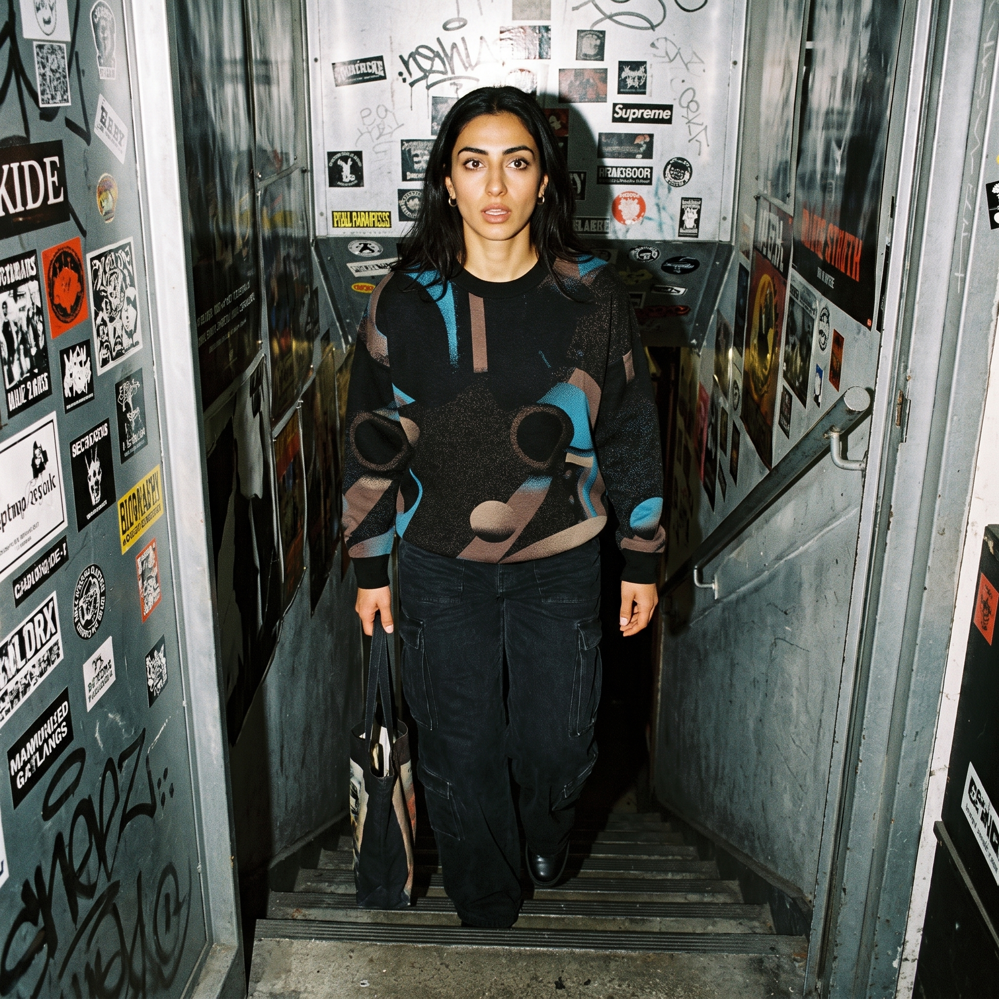 Minoan Abstract Retro-Futurist Jacquard Sweater — Deep Space Obscura Relaxed Fit Knit Pullover