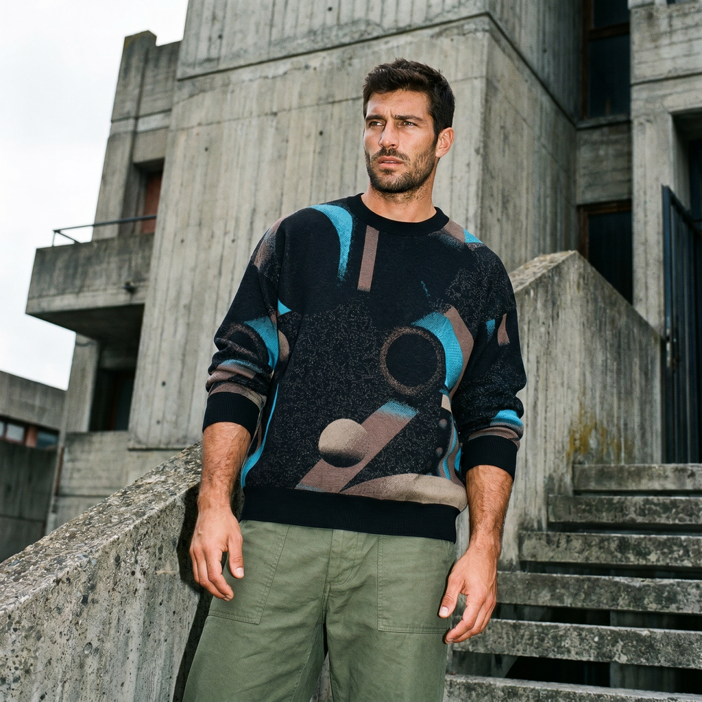 Minoan Abstract Retro-Futurist Jacquard Sweater — Deep Space Obscura Relaxed Fit Knit Pullover