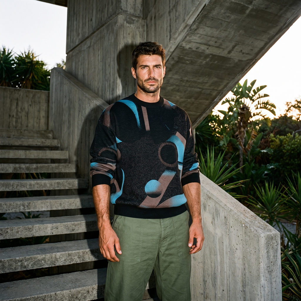 Minoan Abstract Retro-Futurist Jacquard Sweater — Deep Space Obscura Relaxed Fit Knit Pullover
