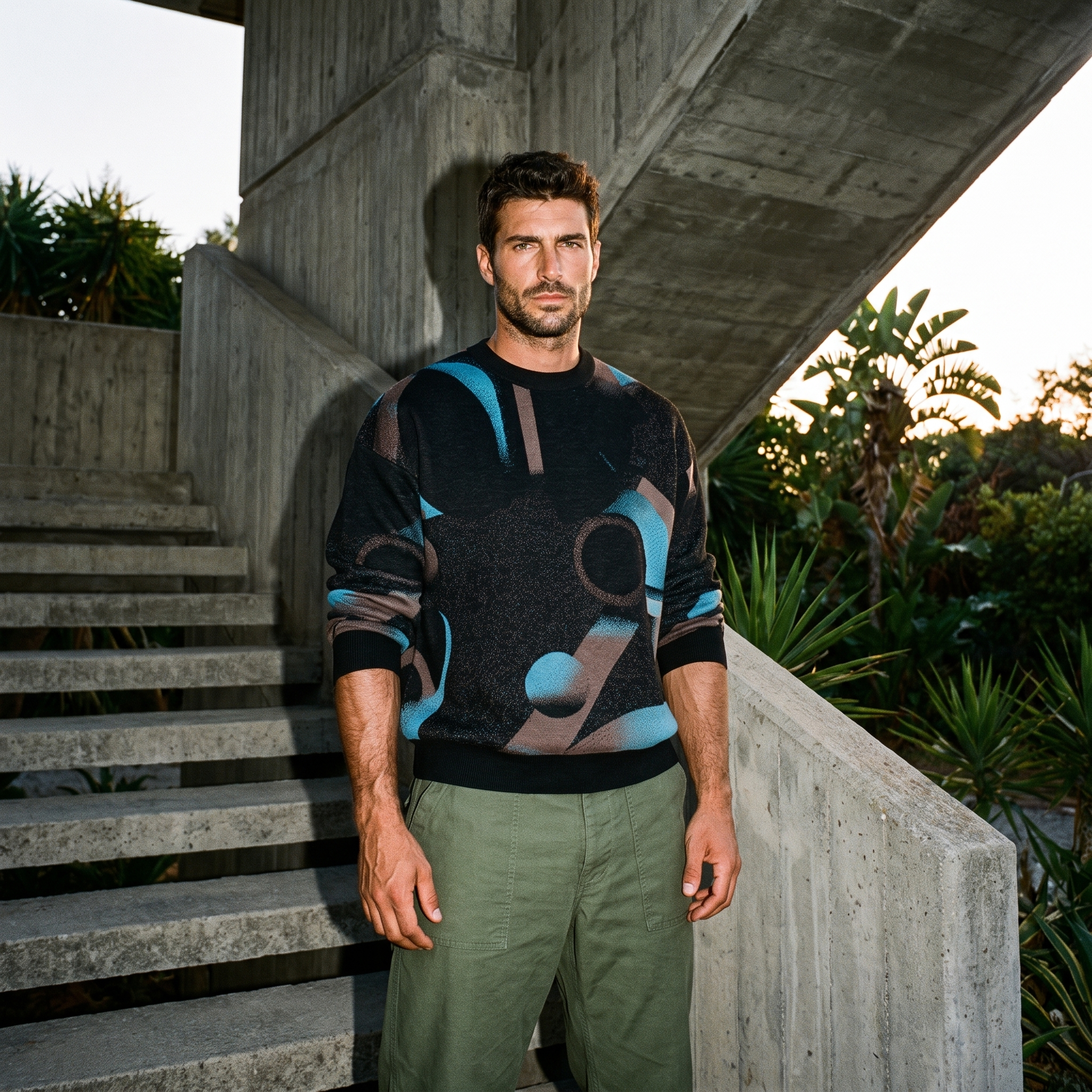 Minoan Abstract Retro-Futurist Jacquard Sweater — Deep Space Obscura Relaxed Fit Knit Pullover