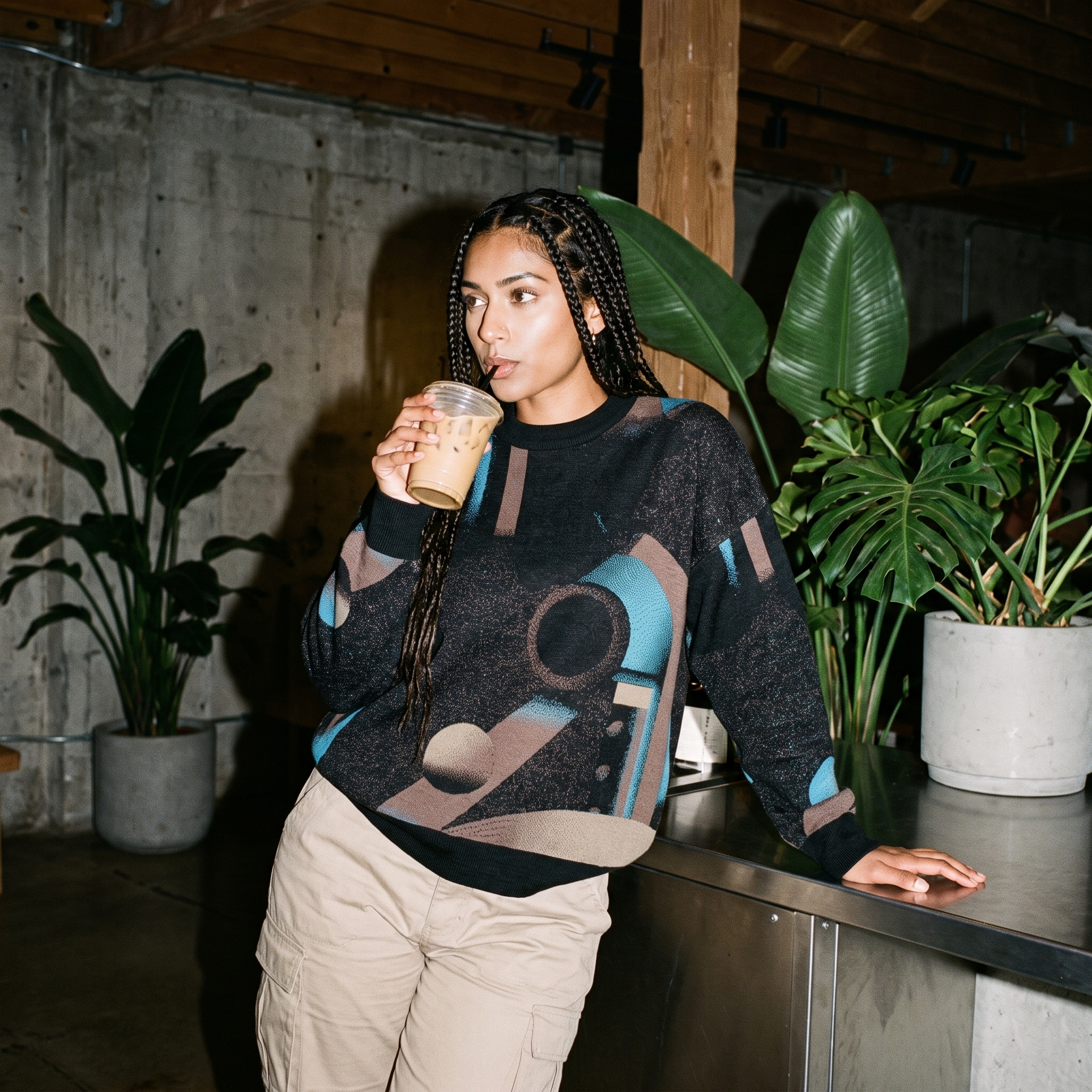 Minoan Abstract Retro-Futurist Jacquard Sweater — Deep Space Obscura Relaxed Fit Knit Pullover