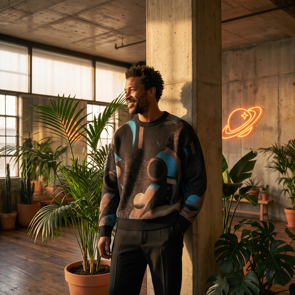 Minoan Abstract Retro-Futurist Jacquard Sweater — Deep Space Obscura Relaxed Fit Knit Pullover