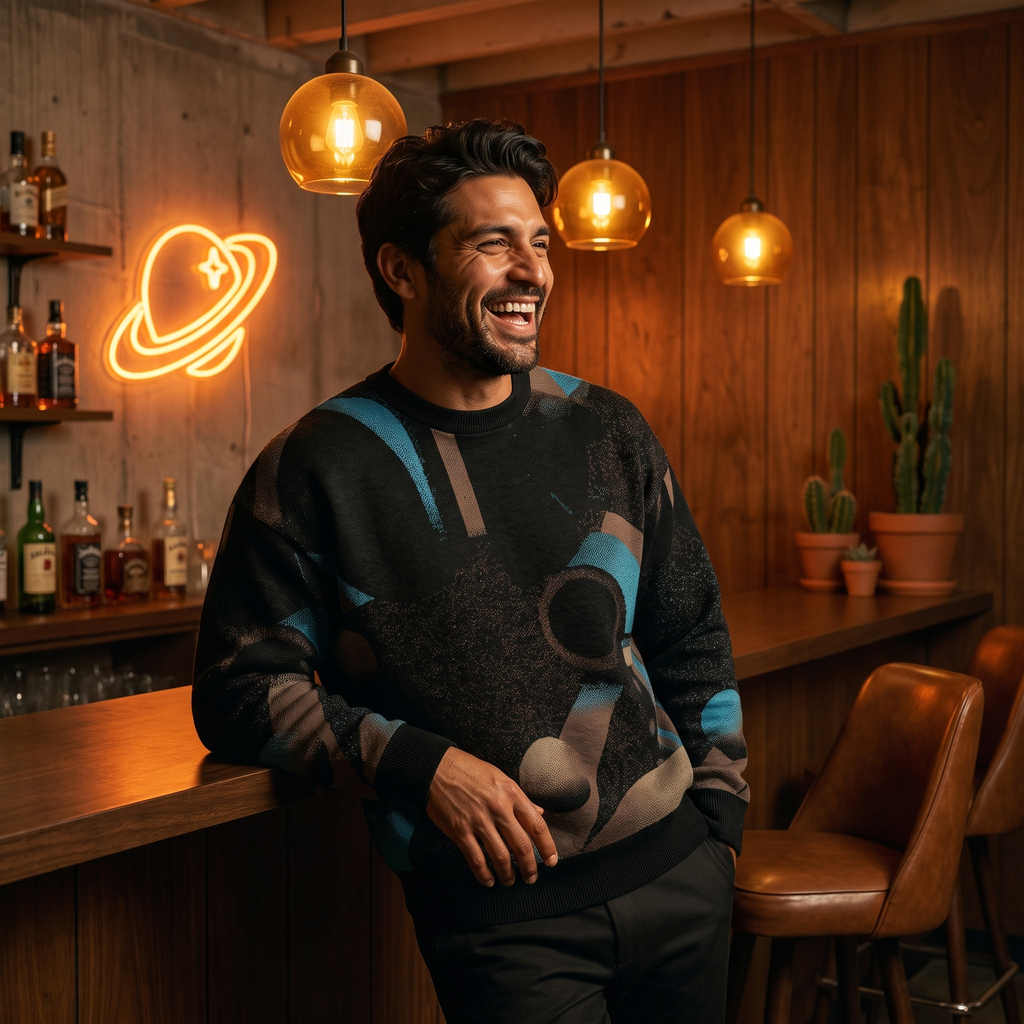 Minoan Abstract Retro-Futurist Jacquard Sweater — Deep Space Obscura Relaxed Fit Knit Pullover