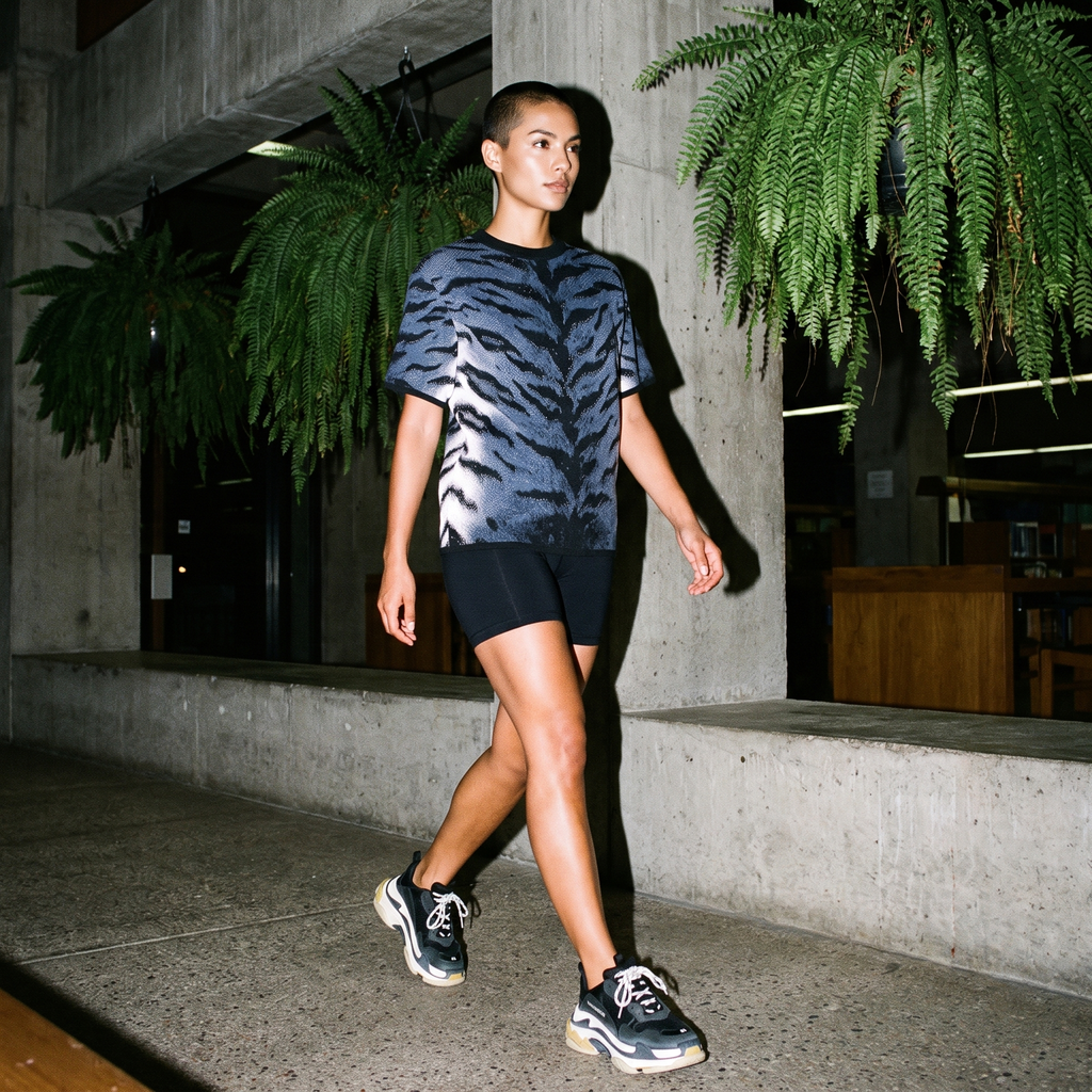 Stormy Blue Tiger Stripe Knitted Tee — Heavyweight Jacquard Knit T-Shirt — Orbital Archive Streetwear Unisex All-Over Pattern Pullover