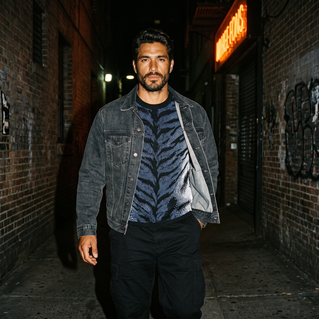 Stormy Blue Tiger Stripe Knitted Tee — Heavyweight Jacquard Knit T-Shirt — Orbital Archive Streetwear Unisex All-Over Pattern Pullover