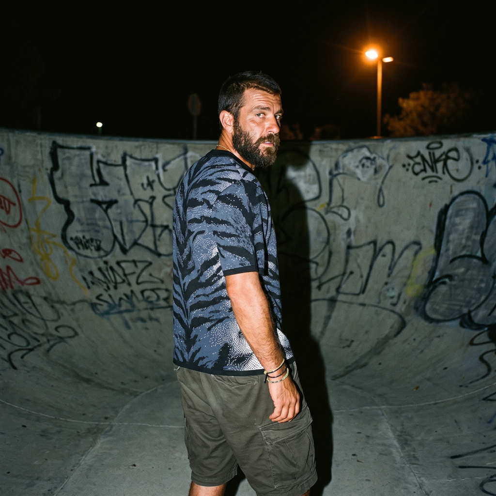 Stormy Blue Tiger Stripe Knitted Tee — Heavyweight Jacquard Knit T-Shirt — Orbital Archive Streetwear Unisex All-Over Pattern Pullover