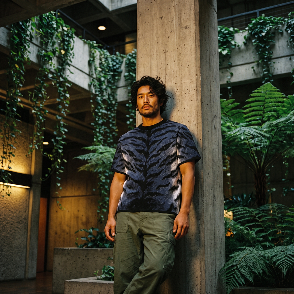 Stormy Blue Tiger Stripe Knitted Tee — Heavyweight Jacquard Knit T-Shirt — Orbital Archive Streetwear Unisex All-Over Pattern Pullover