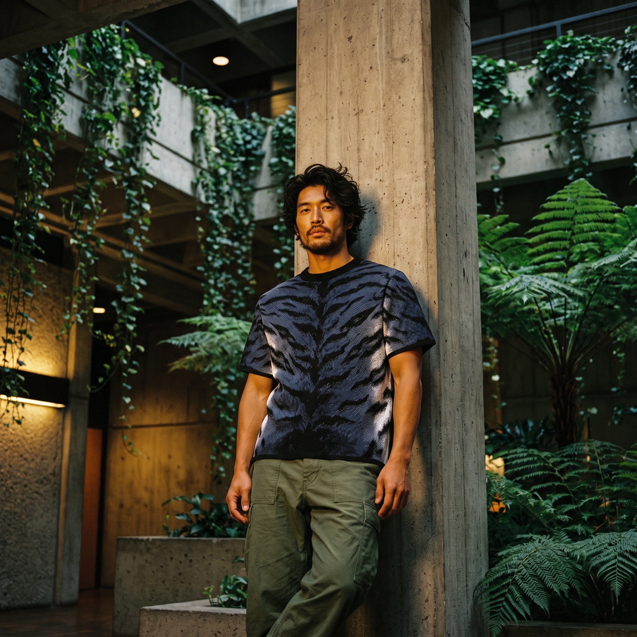 Stormy Blue Tiger Stripe Knitted Tee — Heavyweight Jacquard Knit T-Shirt — Orbital Archive Streetwear Unisex All-Over Pattern Pullover