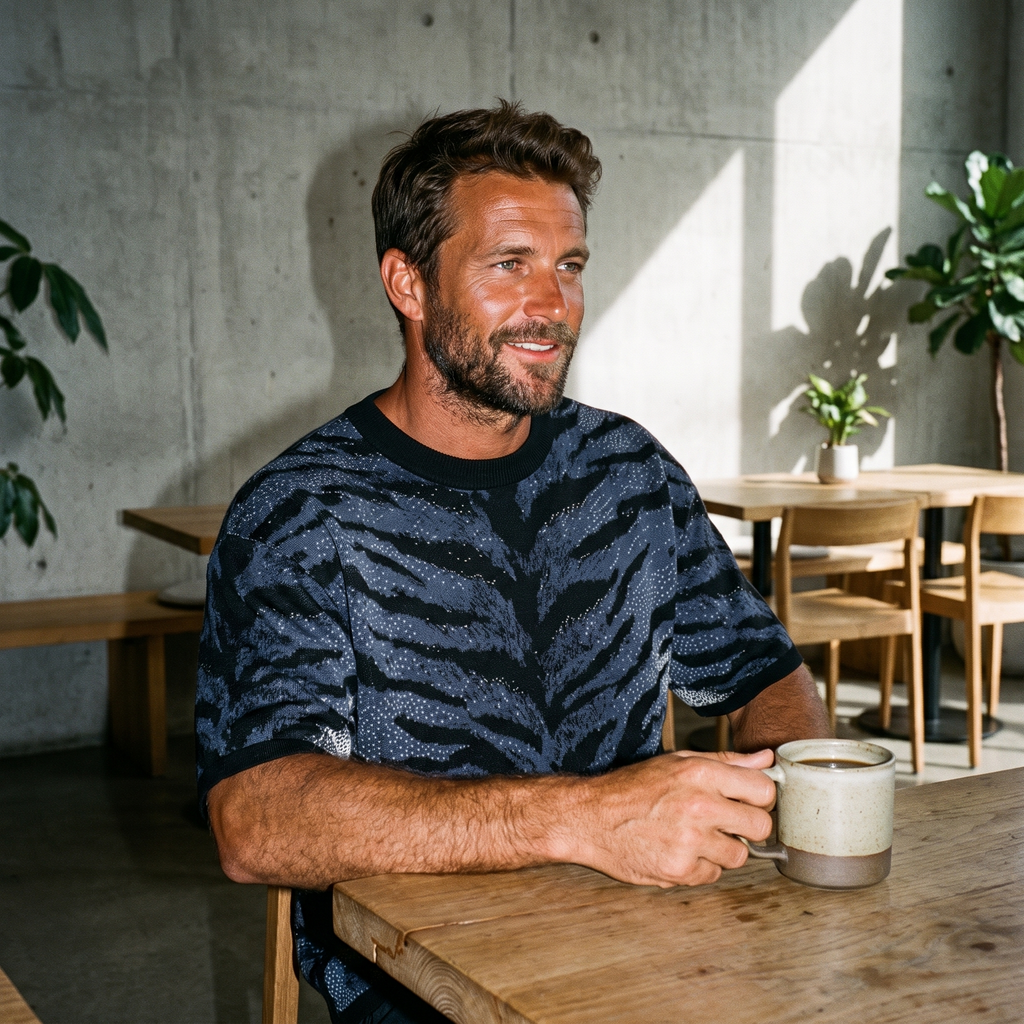 Stormy Blue Tiger Stripe Knitted Tee — Heavyweight Jacquard Knit T-Shirt — Orbital Archive Streetwear Unisex All-Over Pattern Pullover