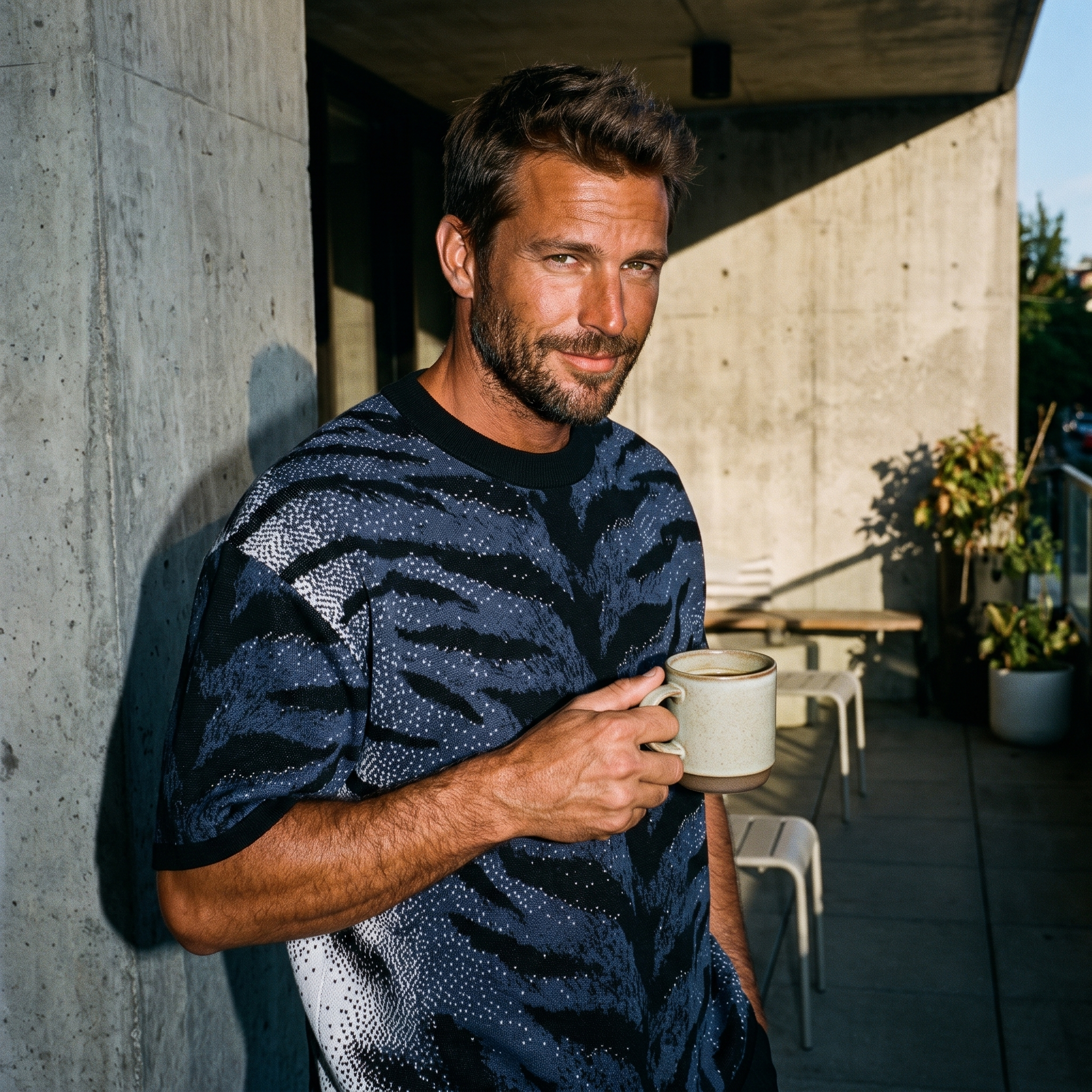 Stormy Blue Tiger Stripe Knitted Tee — Heavyweight Jacquard Knit T-Shirt — Orbital Archive Streetwear Unisex All-Over Pattern Pullover