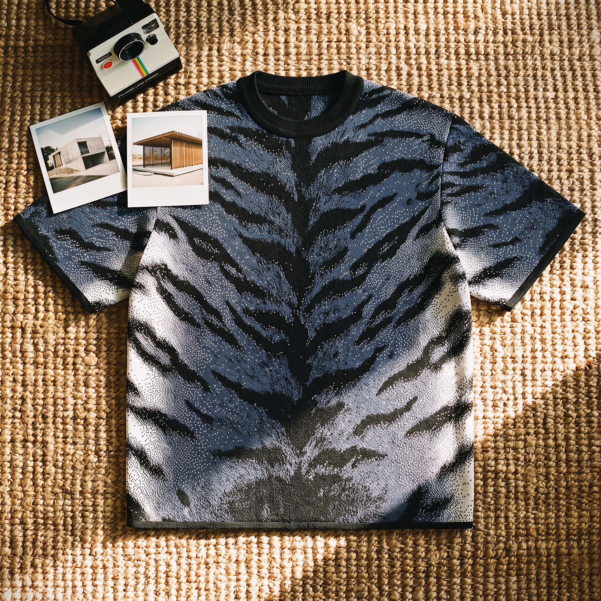 Stormy Blue Tiger Stripe Knitted Tee — Heavyweight Jacquard Knit T-Shirt — Orbital Archive Streetwear Unisex All-Over Pattern Pullover