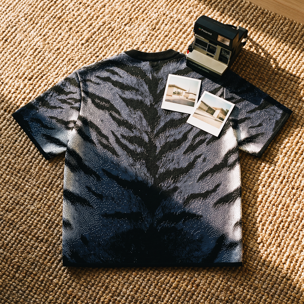 Stormy Blue Tiger Stripe Knitted Tee — Heavyweight Jacquard Knit T-Shirt — Orbital Archive Streetwear Unisex All-Over Pattern Pullover