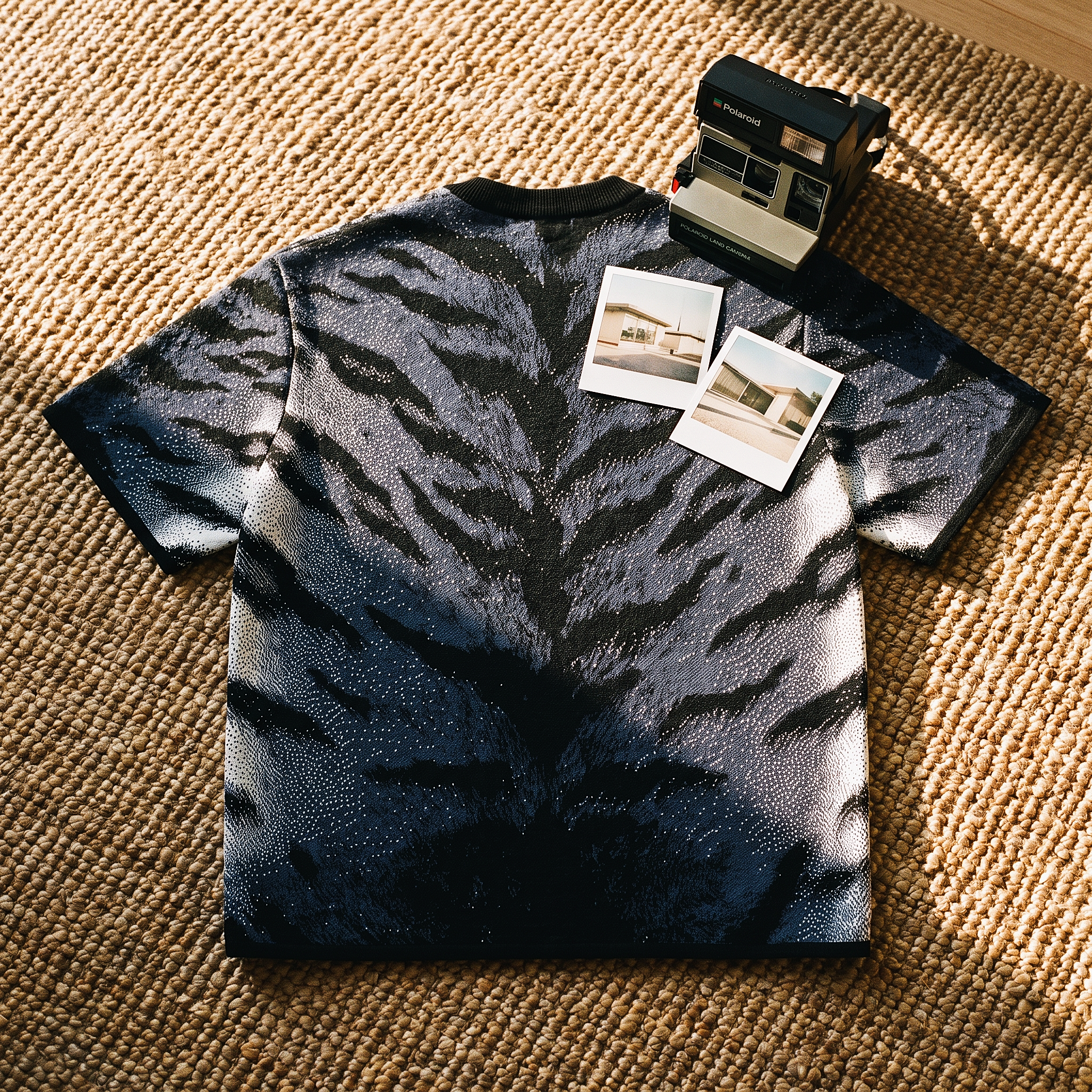Stormy Blue Tiger Stripe Knitted Tee — Heavyweight Jacquard Knit T-Shirt — Orbital Archive Streetwear Unisex All-Over Pattern Pullover