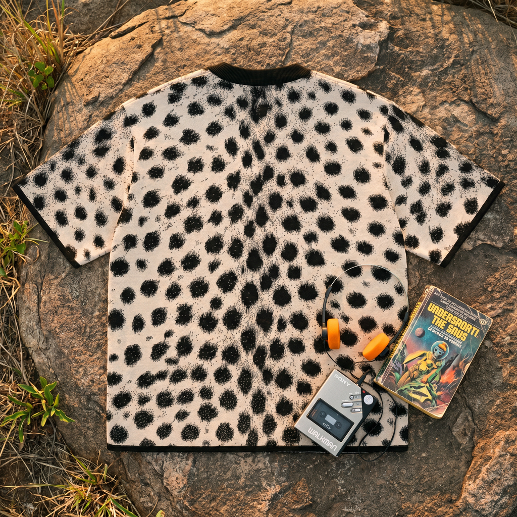 Cheetah Print Knitted T-Shirt — Heavyweight Unisex Jacquard Soft Cotton Blend Knitted Tee — All-Over Animal Print Streetwear