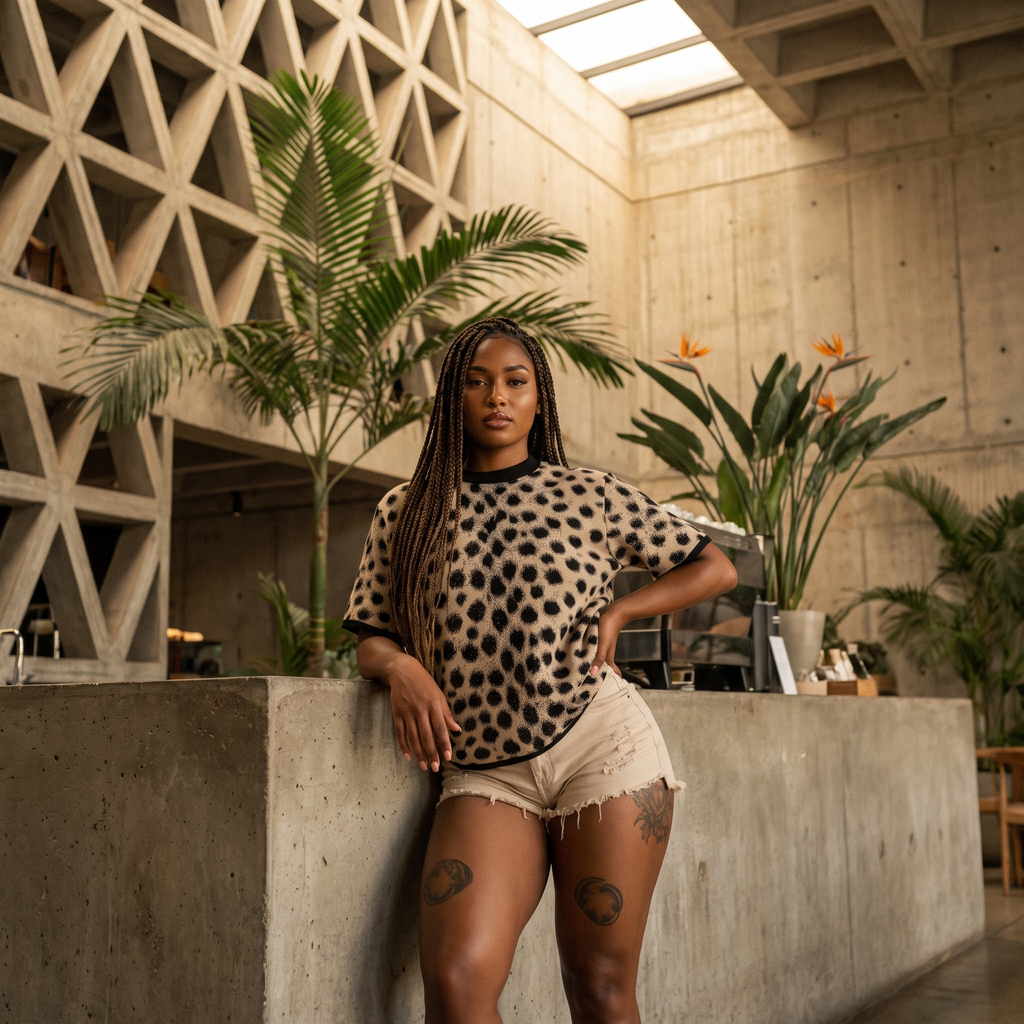 Cheetah Print Knitted T-Shirt — Heavyweight Unisex Jacquard Soft Cotton Blend Knitted Tee — All-Over Animal Print Streetwear