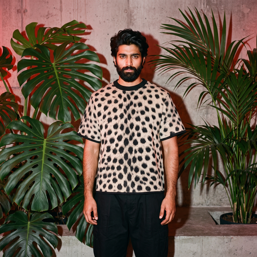 Cheetah Print Knitted T-Shirt — Heavyweight Unisex Jacquard Soft Cotton Blend Knitted Tee — All-Over Animal Print Streetwear