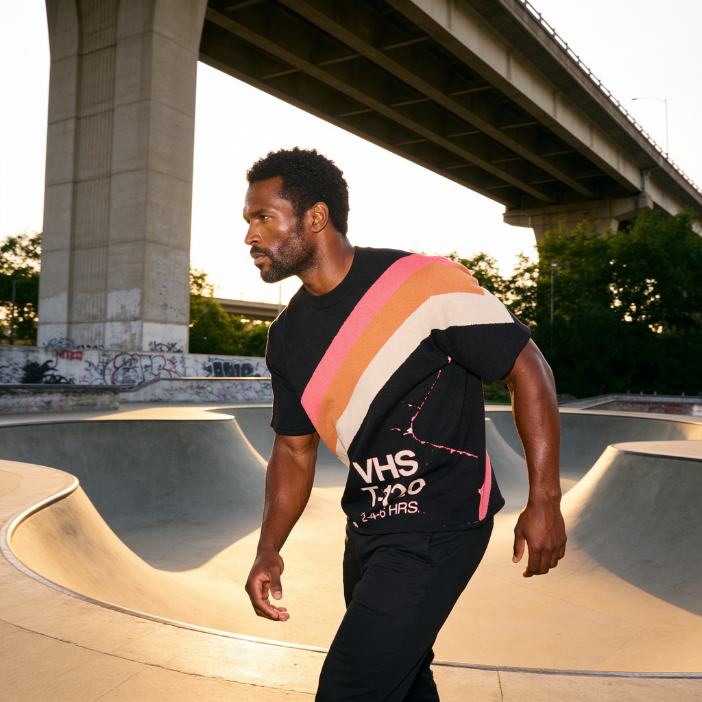 Retro VHS T-Shirt | 80s Synthwave Knit Streetwear | Vintage Tape Cassette Futurism Oversized Unisex Jacquard Tee