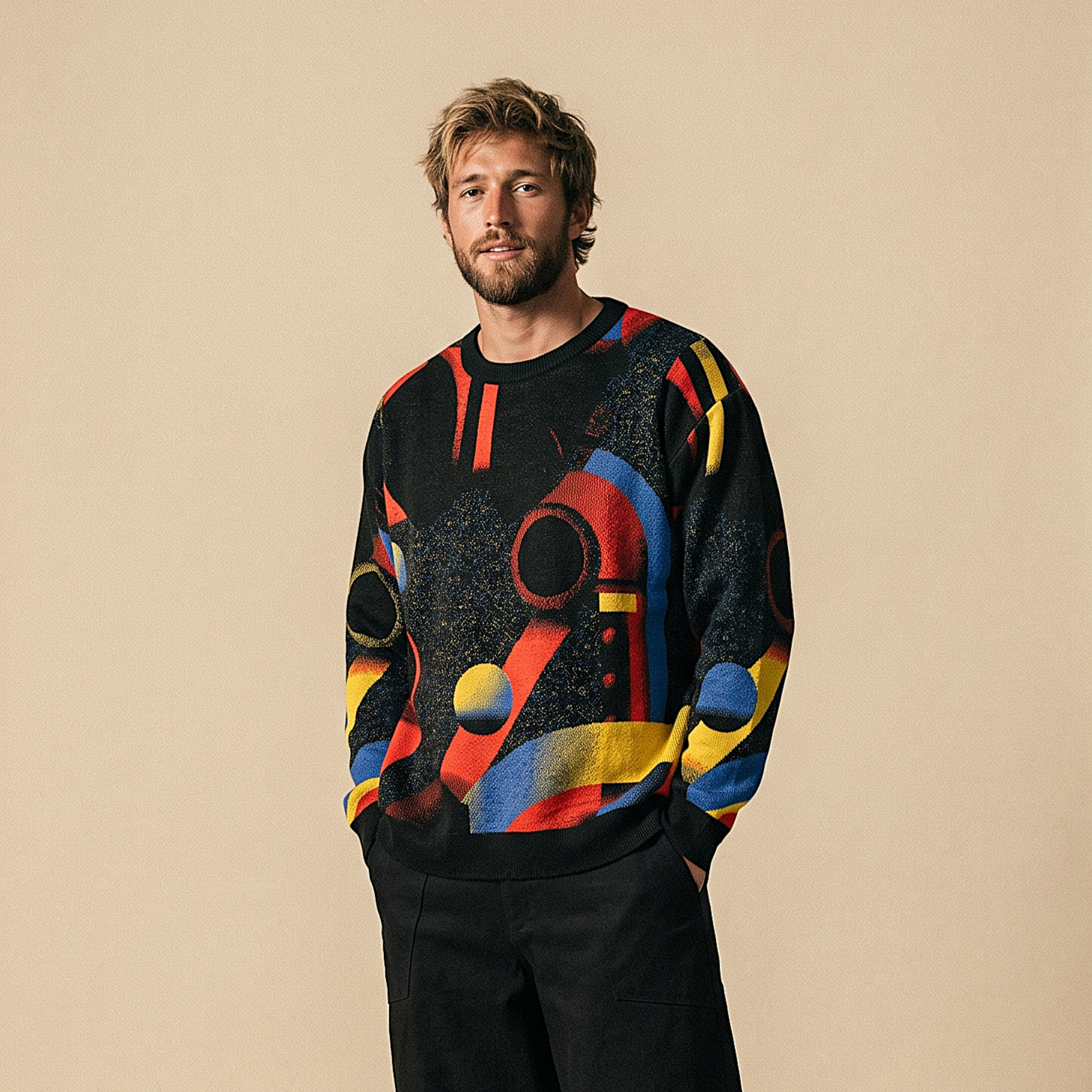 Minoan Abstract Retro-Futurist Jacquard Sweater (Relaxed Fit Edition) — Ancient Future Geometric Knit Relaxed Fit Pullover