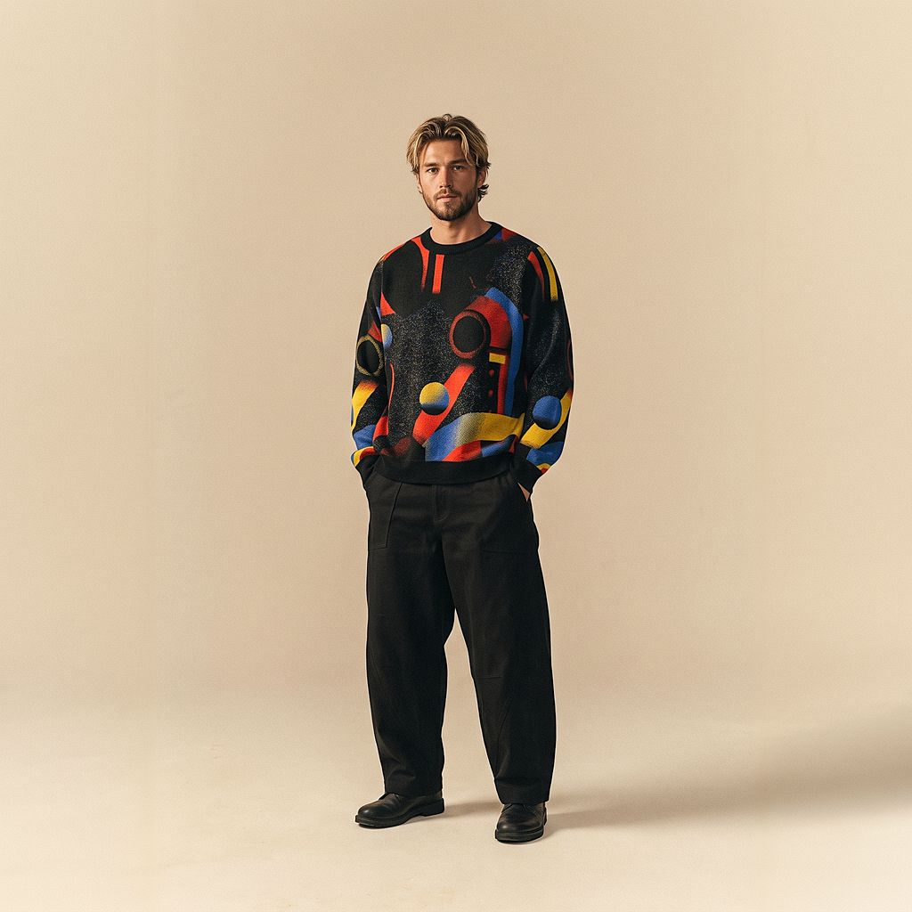 Minoan Abstract Retro-Futurist Jacquard Sweater (Relaxed Fit Edition) — Ancient Future Geometric Knit Relaxed Fit Pullover