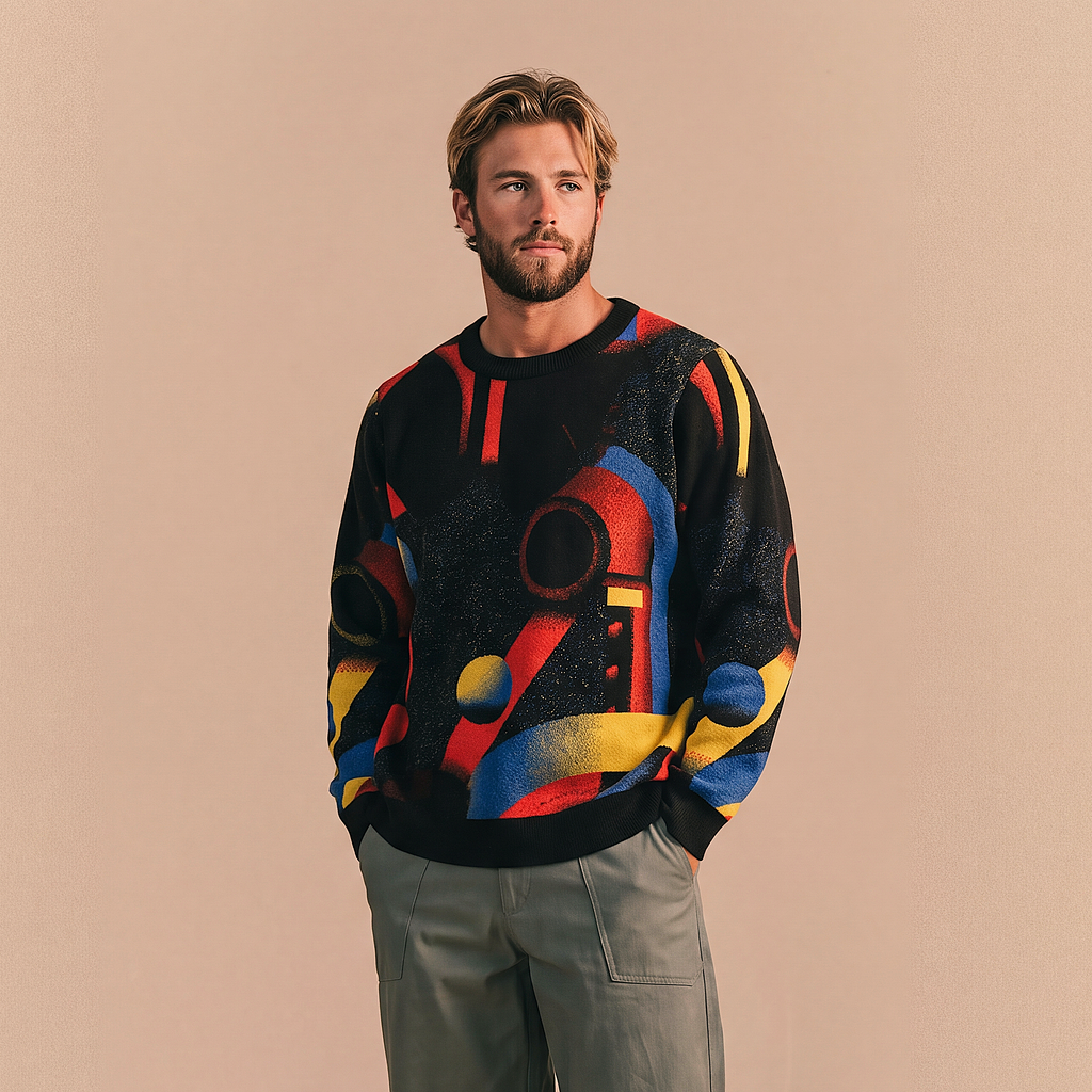 Minoan Abstract Retro-Futurist Jacquard Sweater (Relaxed Fit Edition) — Ancient Future Geometric Knit Relaxed Fit Pullover