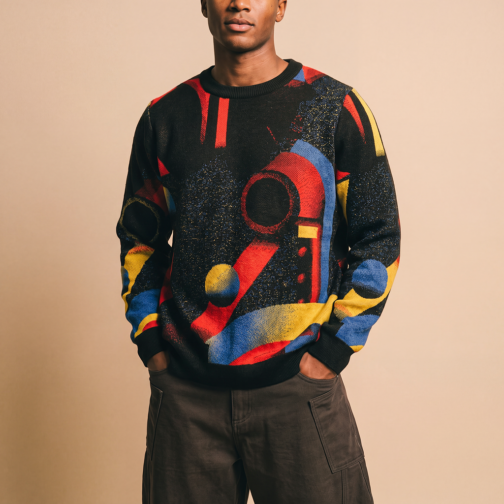 Minoan Abstract Retro-Futurist Jacquard Sweater (Relaxed Fit Edition) — Ancient Future Geometric Knit Relaxed Fit Pullover
