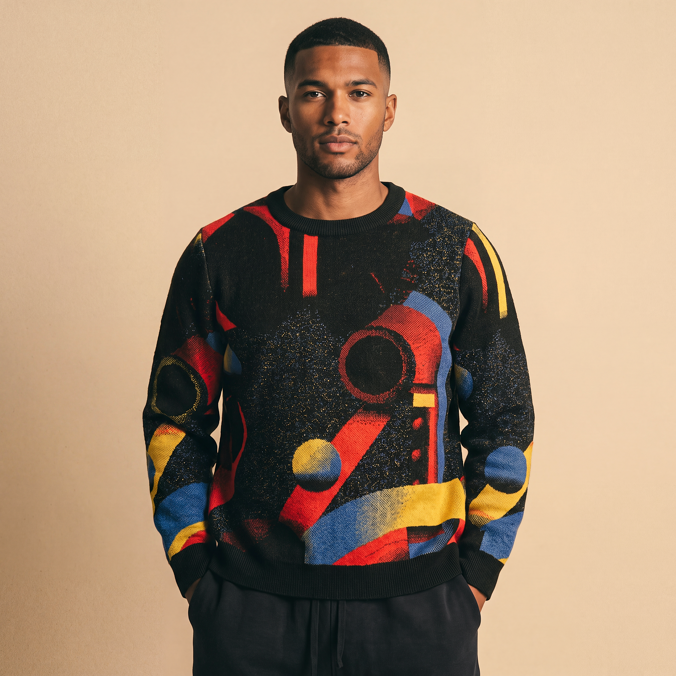 Minoan Abstract Retro-Futurist Jacquard Sweater (Relaxed Fit Edition) — Ancient Future Geometric Knit Relaxed Fit Pullover