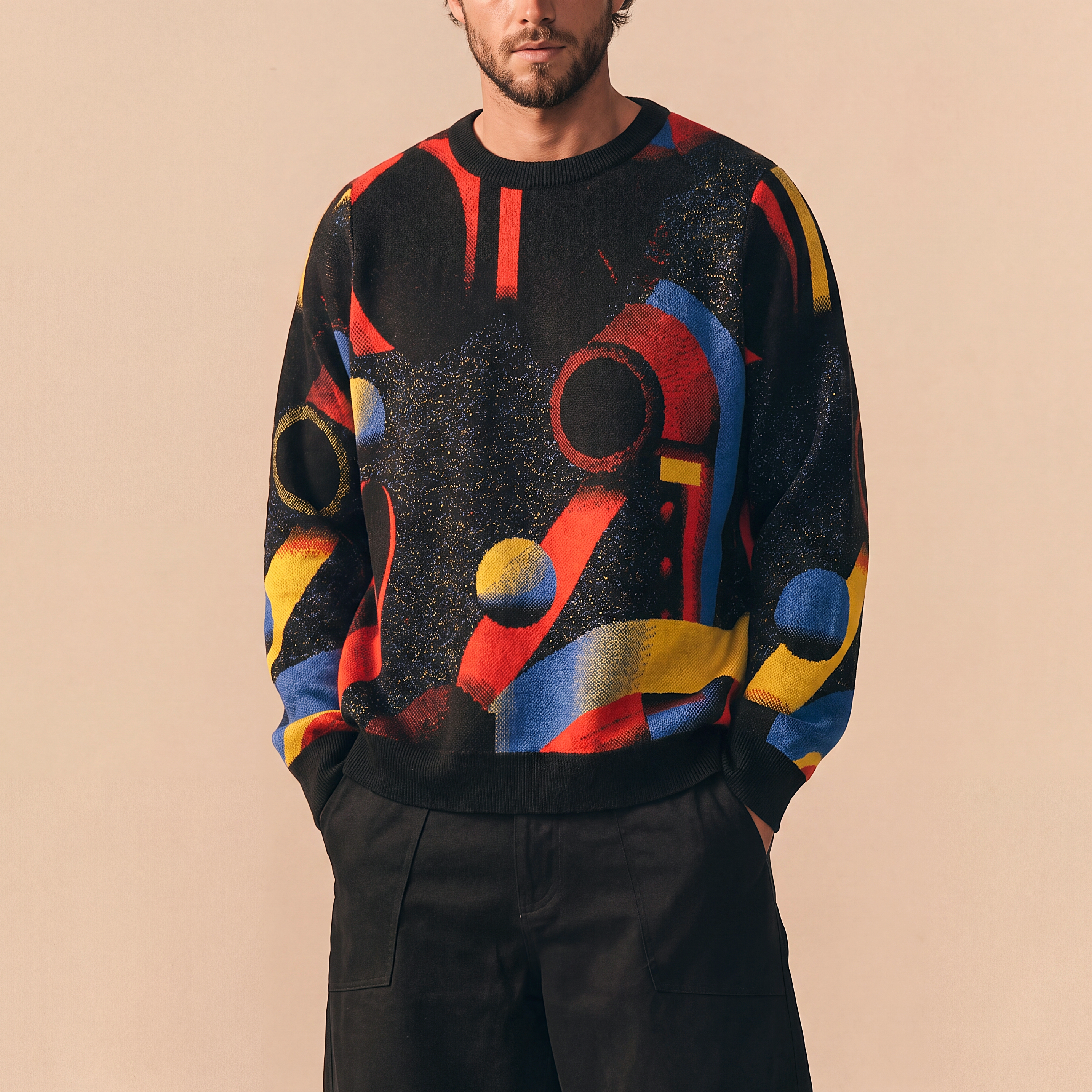 Minoan Abstract Retro-Futurist Jacquard Sweater (Relaxed Fit Edition) — Ancient Future Geometric Knit Relaxed Fit Pullover