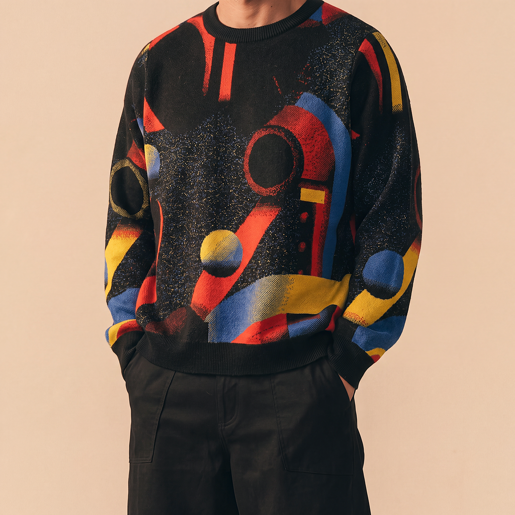 Minoan Abstract Retro-Futurist Jacquard Sweater (Relaxed Fit Edition) — Ancient Future Geometric Knit Relaxed Fit Pullover