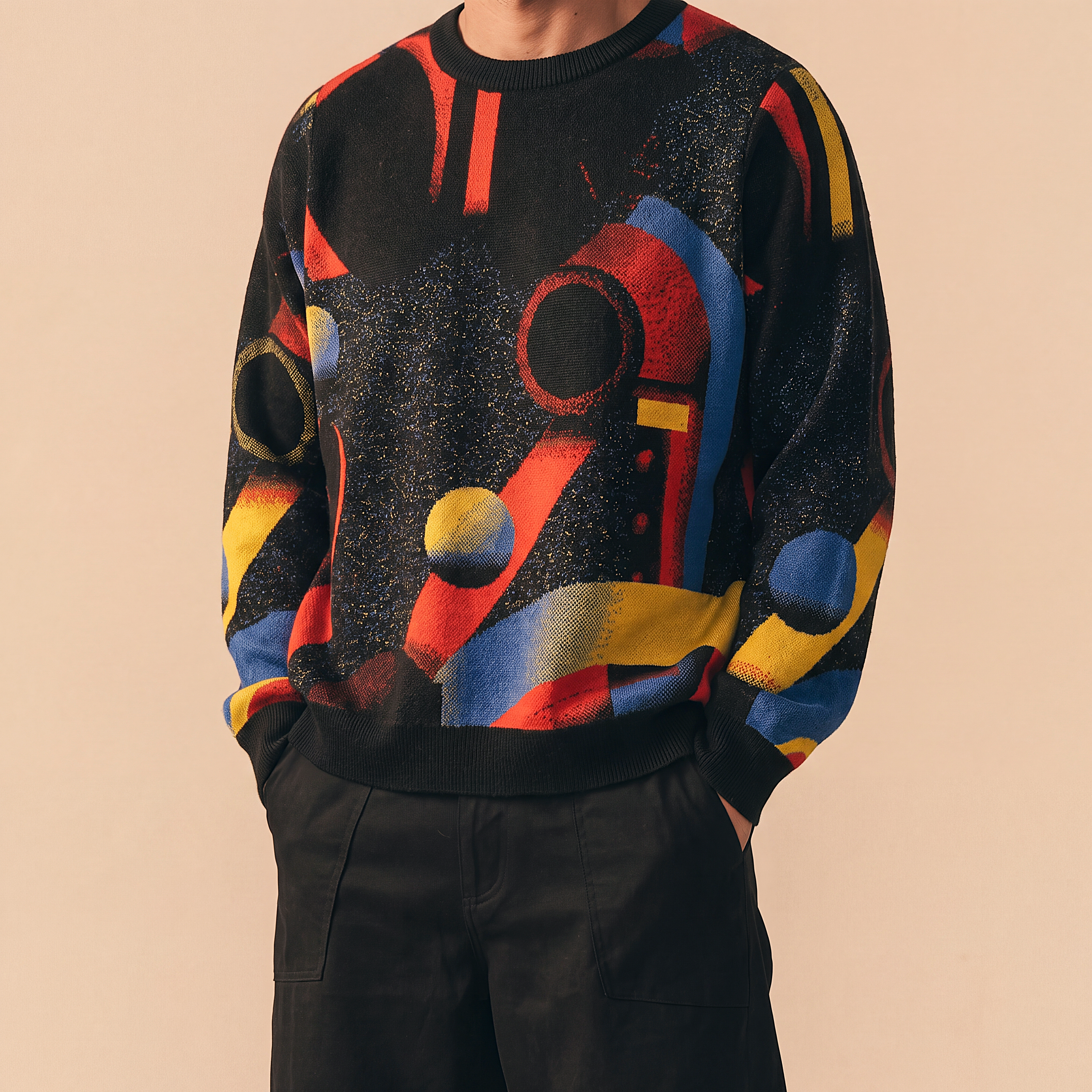 Minoan Abstract Retro-Futurist Jacquard Sweater (Relaxed Fit Edition) — Ancient Future Geometric Knit Relaxed Fit Pullover