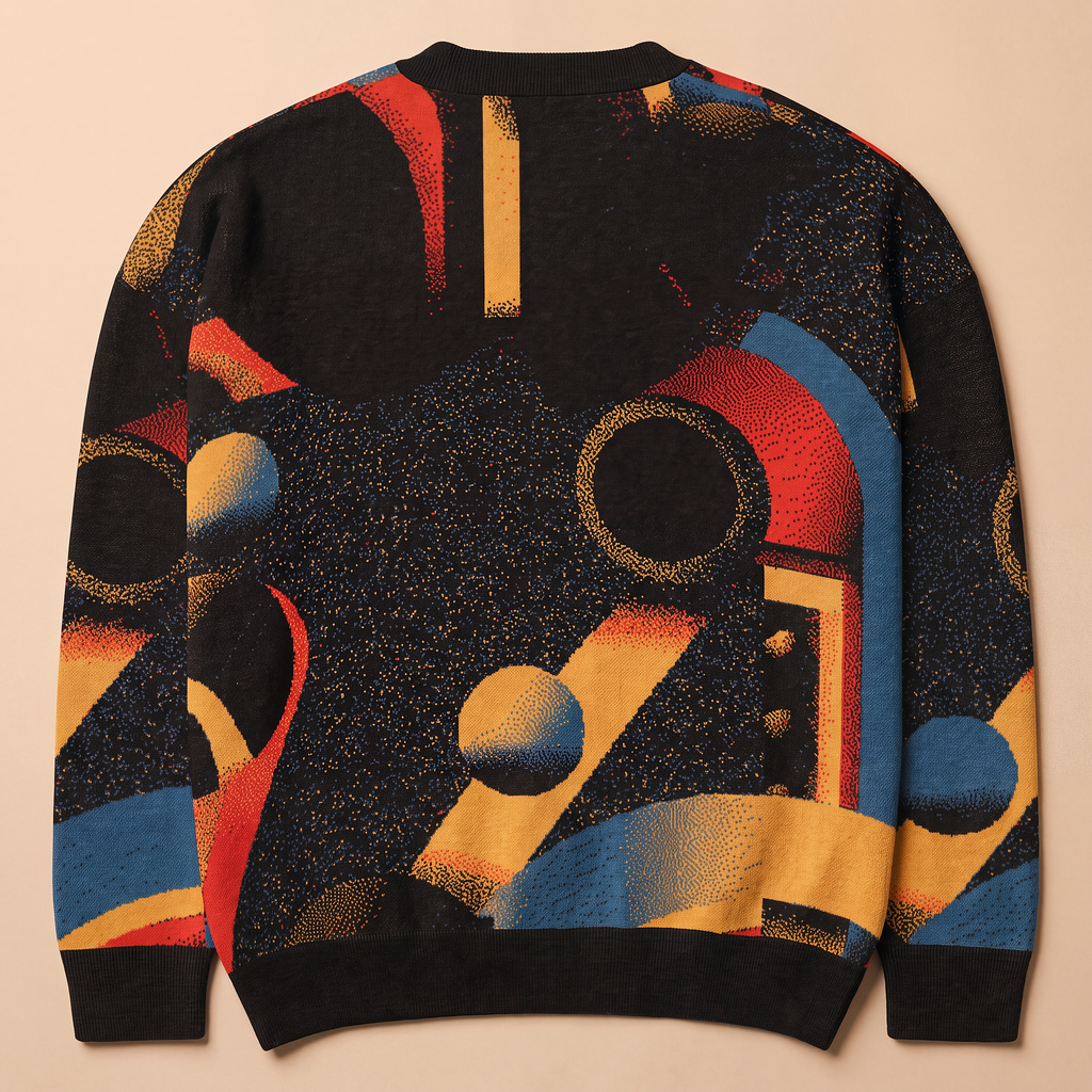 Minoan Abstract Retro-Futurist Jacquard Sweater (Relaxed Fit Edition) — Ancient Future Geometric Knit Relaxed Fit Pullover
