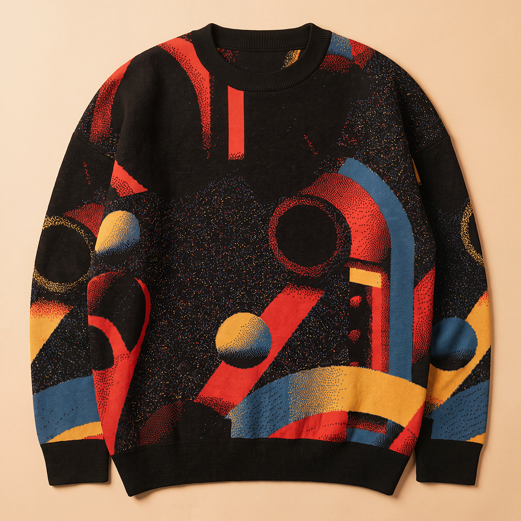 Minoan Abstract Retro-Futurist Jacquard Sweater (Relaxed Fit Edition) — Ancient Future Geometric Knit Relaxed Fit Pullover