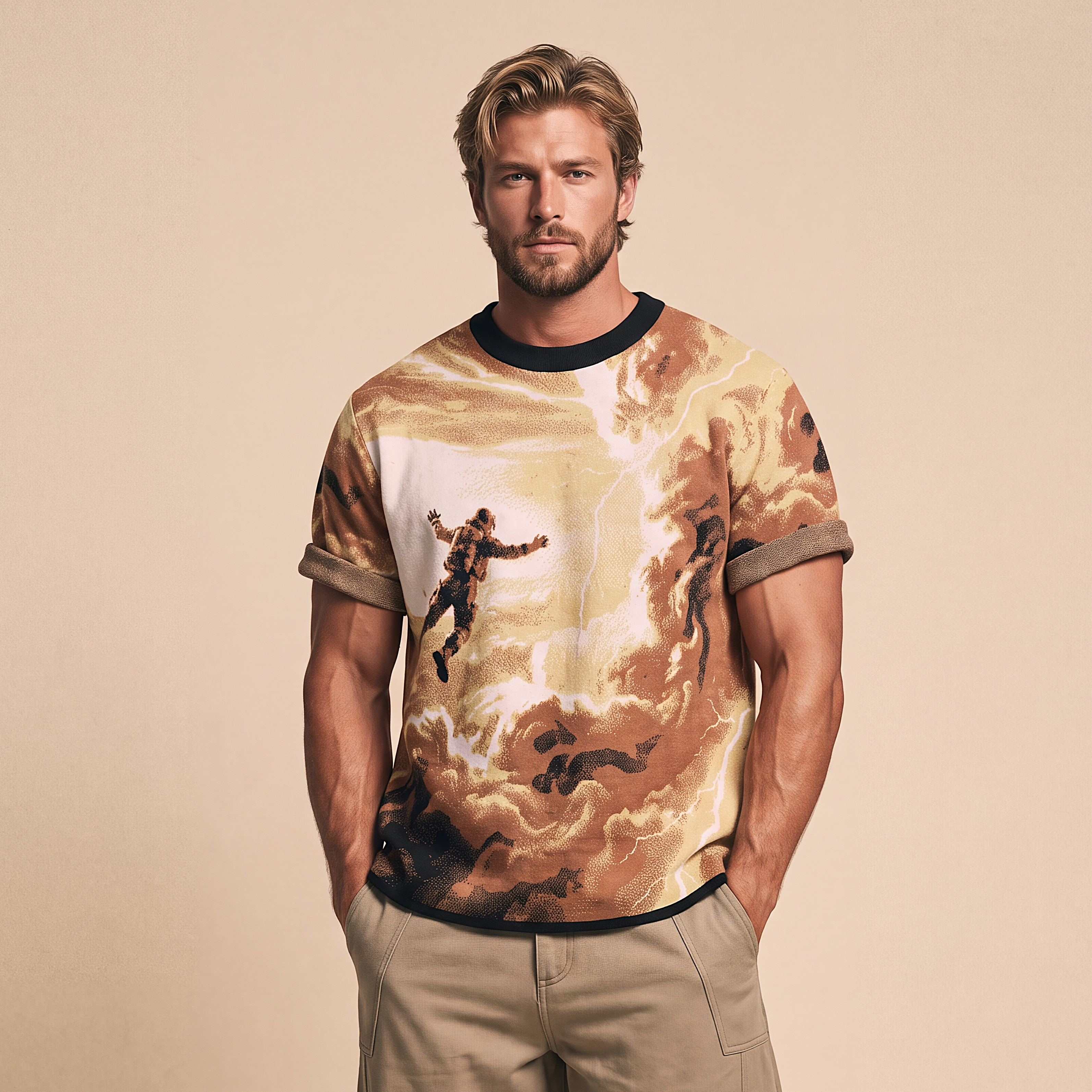 Falling Through Saturn Skies - Retro Sci-Fi Astronaut Knit T-Shirt | Space Age Retrofuturism Streetwear Oversized Woven Jacquard Tee