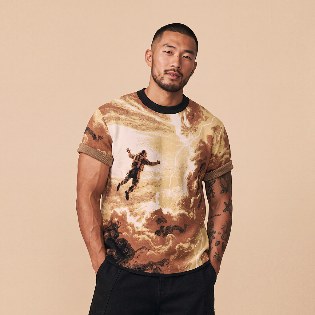 Falling Through Saturn Skies - Retro Sci-Fi Astronaut Knit T-Shirt | Space Age Retrofuturism Streetwear Oversized Woven Jacquard Tee